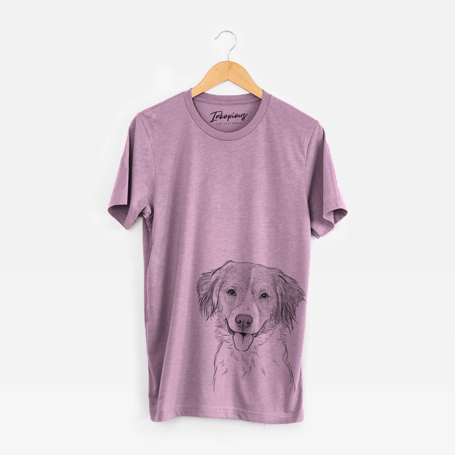 Hand-drawn sketch of Hercules the Nederlandse Kooikerhondje on an Orchid Unisex crewneck