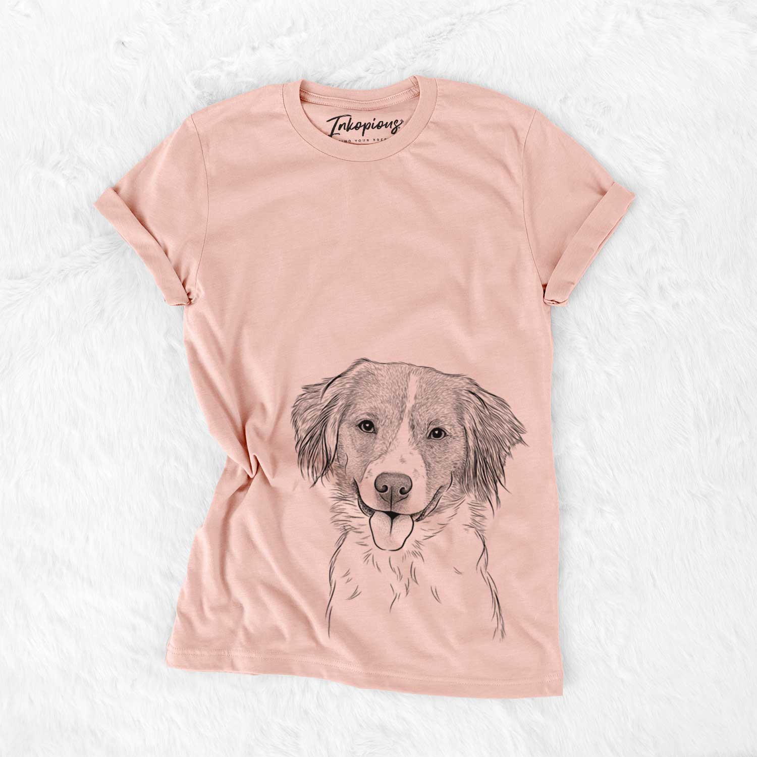 Hand-drawn sketch of Hercules the Nederlandse Kooikerhondje on a Peach Bella Canvas Unisex Crewneck