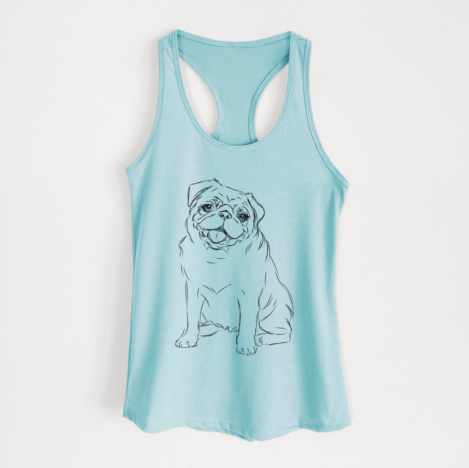 Hand-drawn sketch of Higgins the Pug on a Cancun Blue Women's racerback tanktop