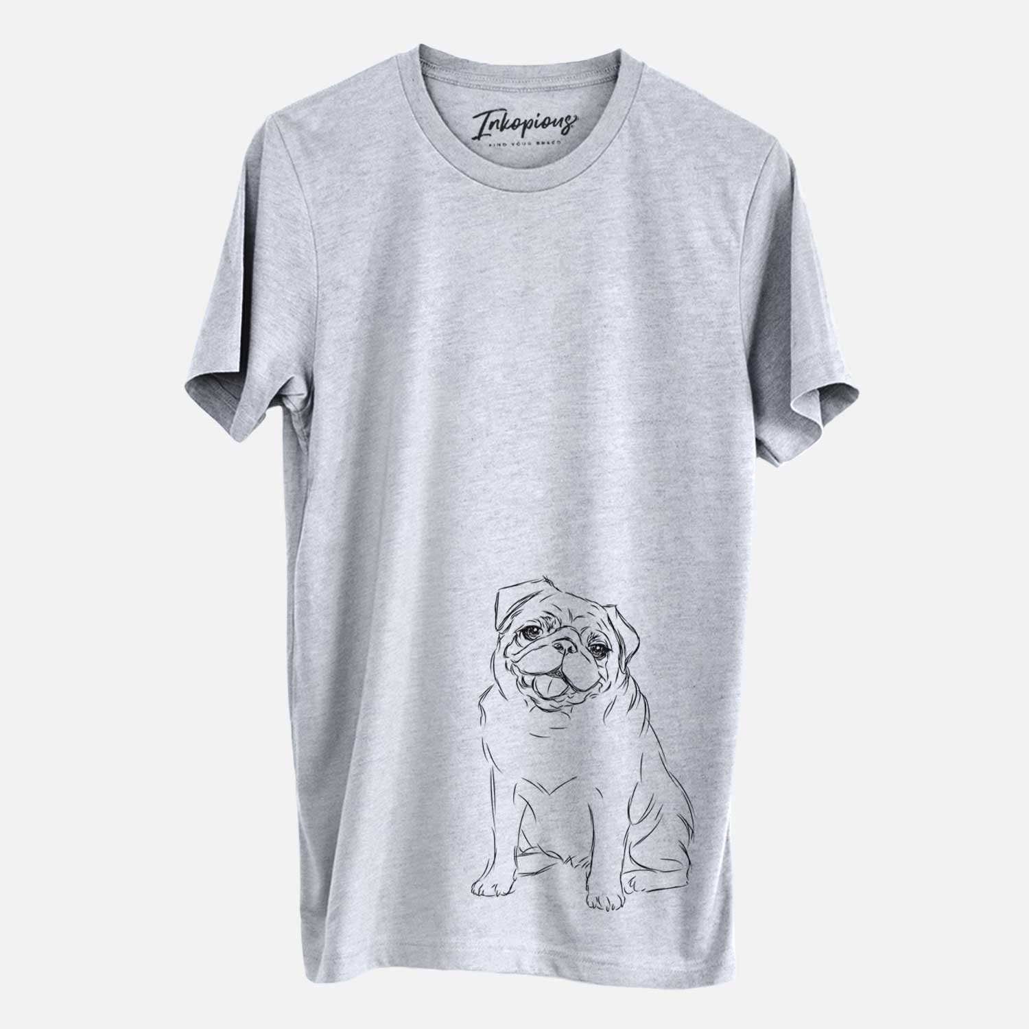 Hand-drawn sketch of Higgins the Pug on a Grey Unisex crewneck