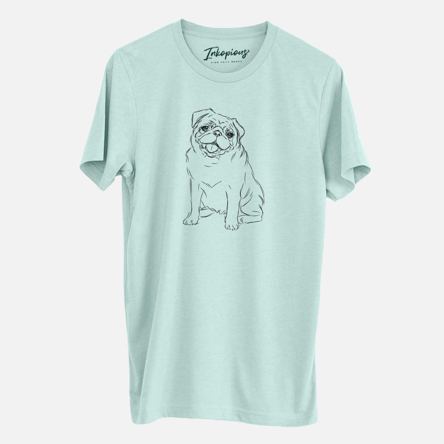 Hand-drawn sketch of Higgins the Pug on a Heather Sage Unisex crewneck