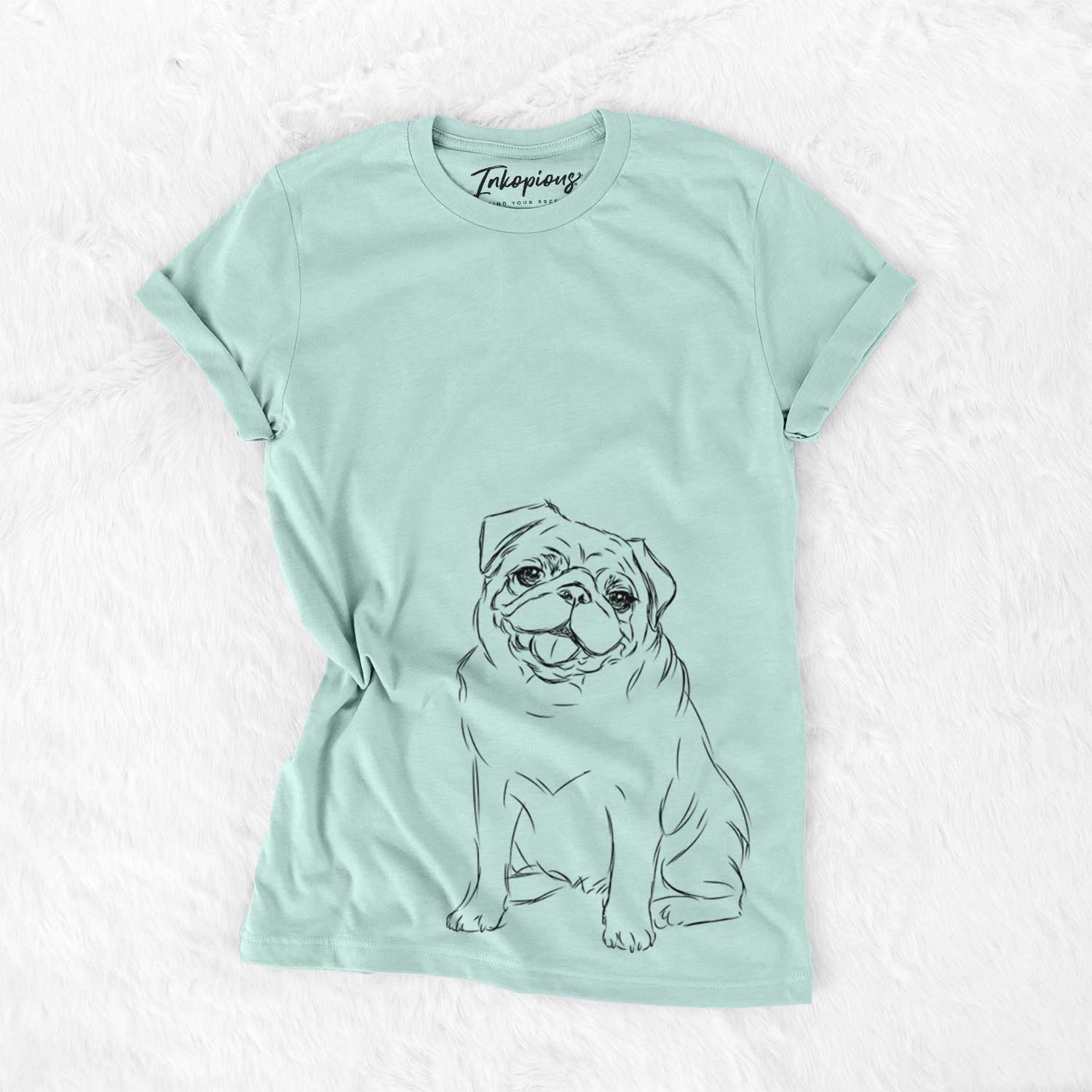 Hand-drawn sketch of Higgins the Pug on a Heather Sage Unisex crewneck