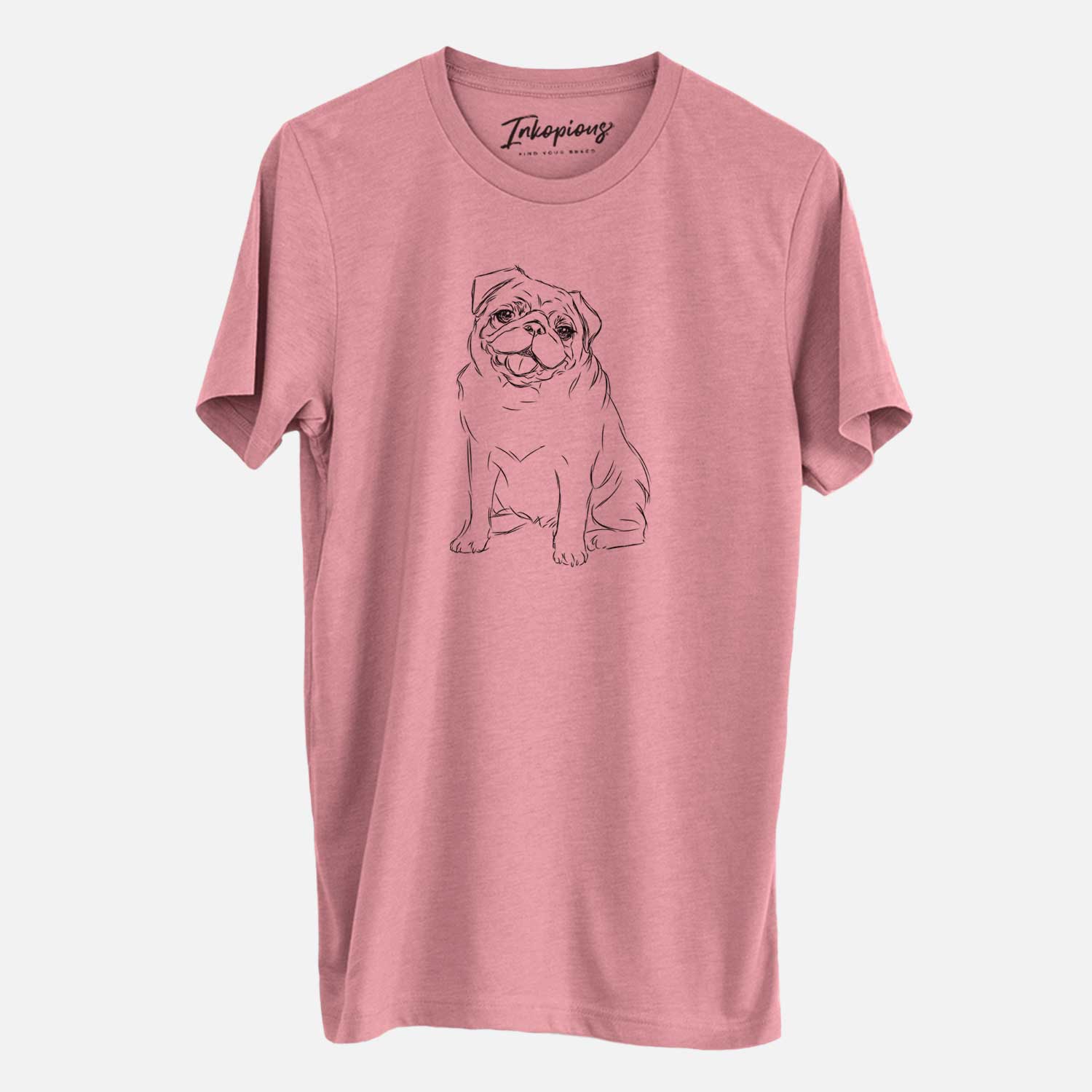 Hand-drawn sketch of Higgins the Pug on a Mauve Unisex crewneck