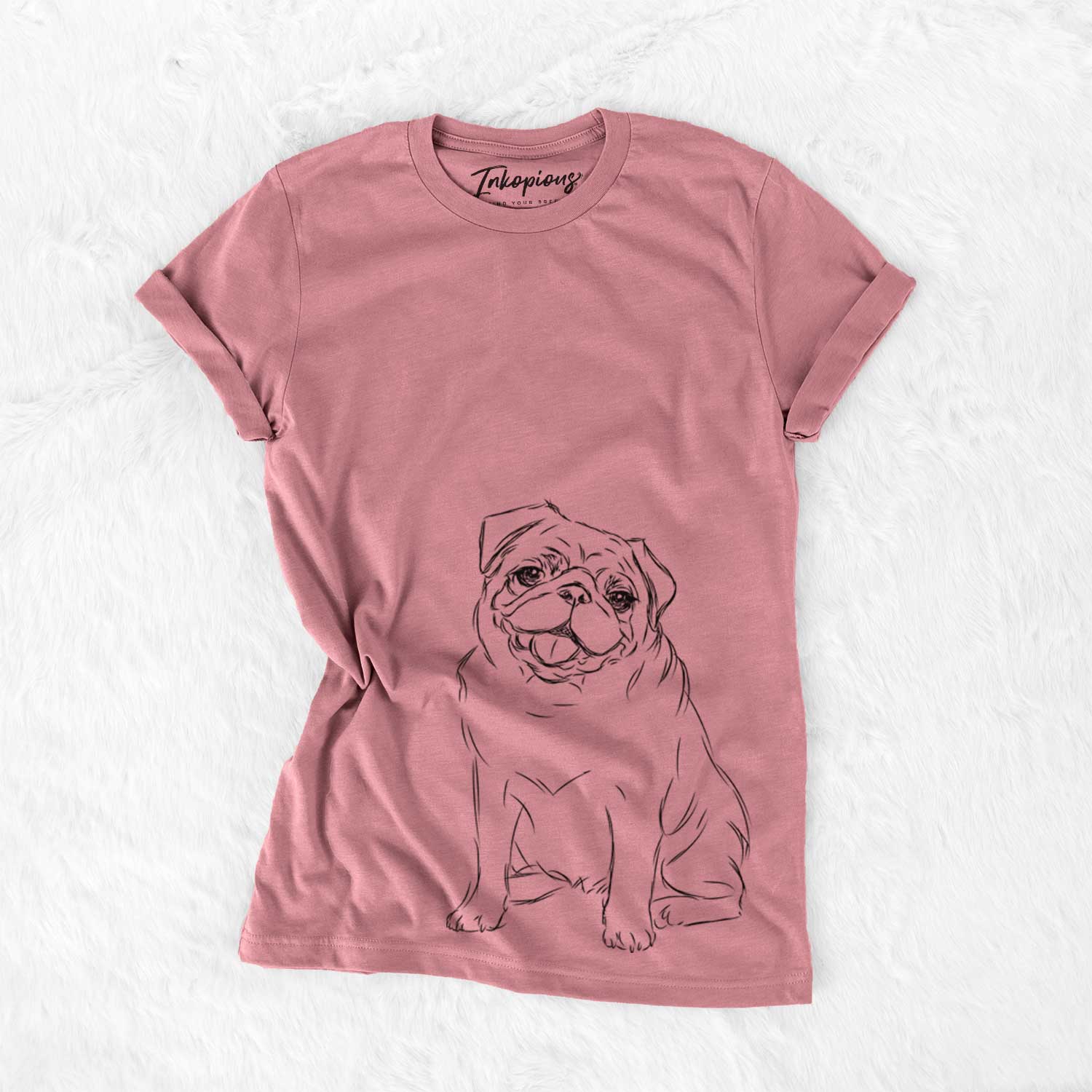 Hand-drawn sketch of Higgins the Pug on a Mauve Unisex crewneck