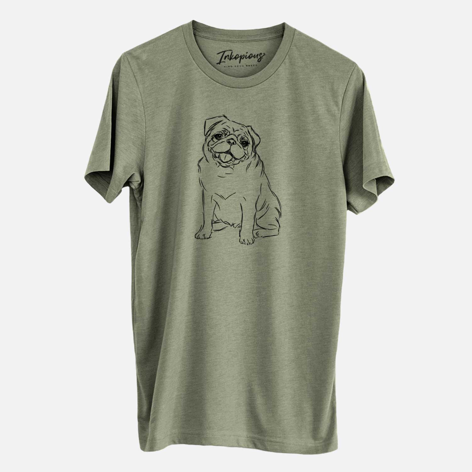 Hand-drawn sketch of Higgins the Pug on an Olive Unisex crewneck