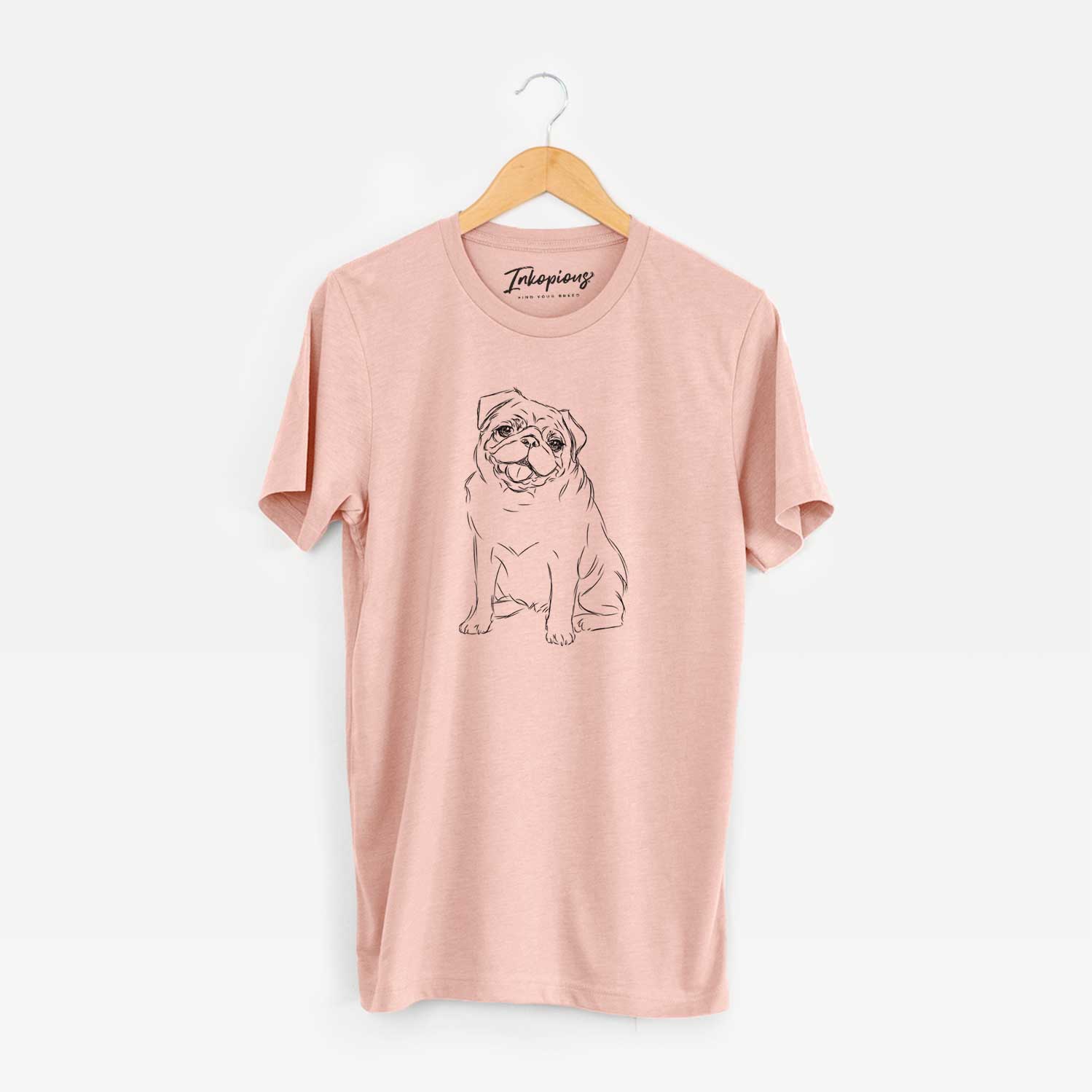 Hand-drawn sketch of Higgins the Pug on a Peach Unisex crewneck