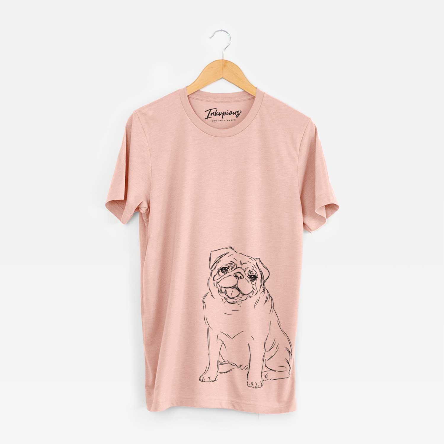 Hand-drawn sketch of Higgins the Pug on a Peach Unisex crewneck