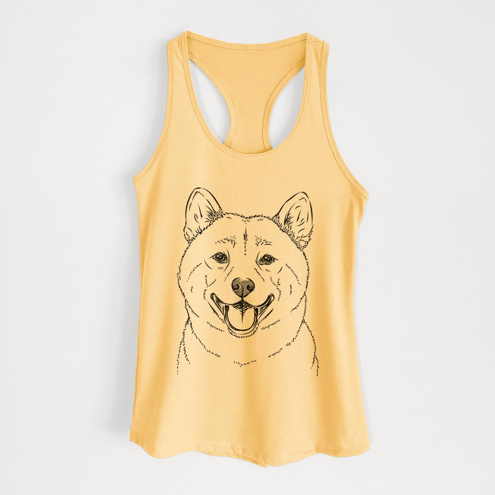 Hand-drawn sketch of Hiro the Shiba Inu on a Banana Cream Women's racerback tanktop