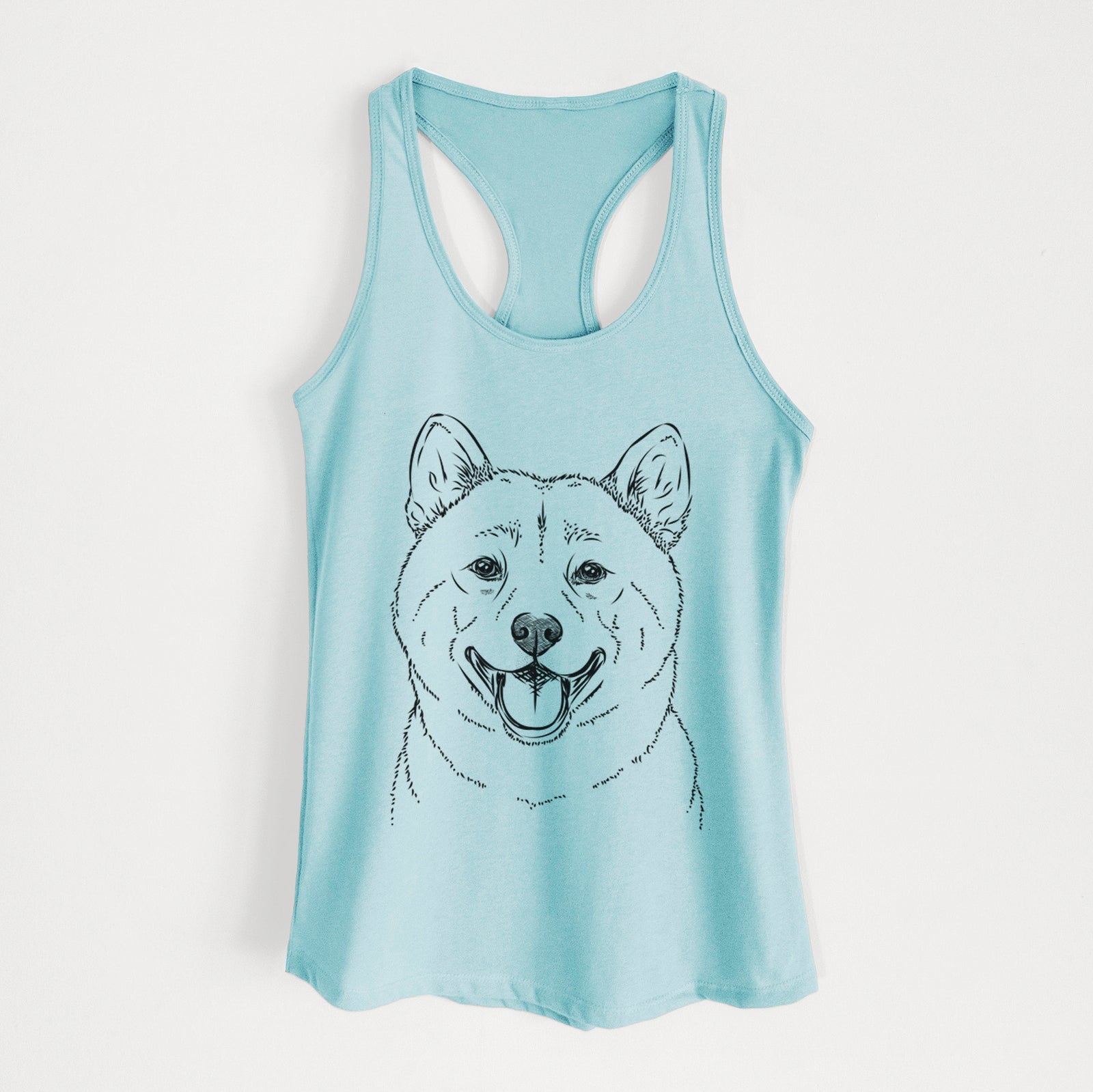 Hand-drawn sketch of Hiro the Shiba Inu on a Cancun Blue Women's racerback tanktop