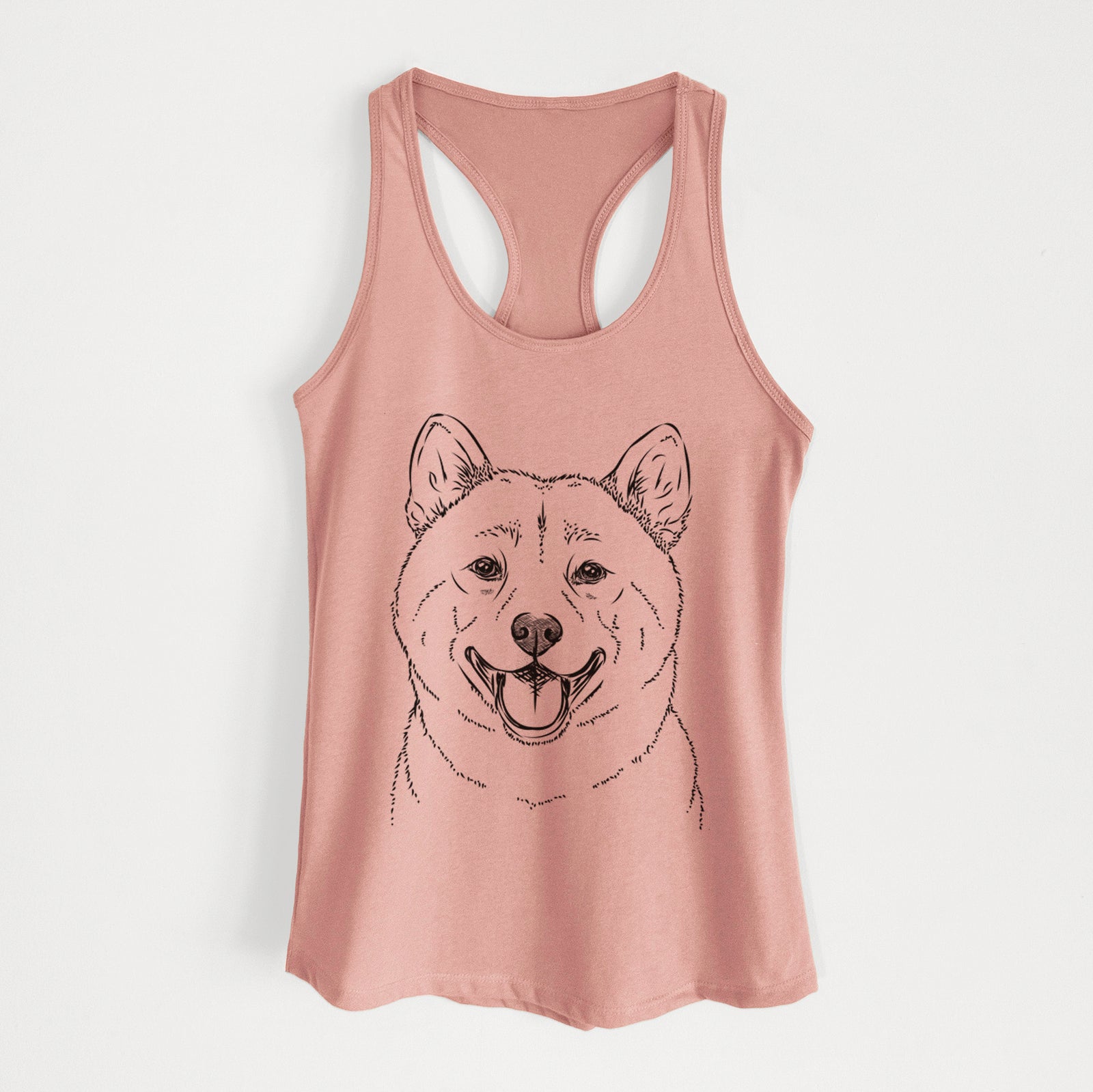 Hand-drawn sketch of Hiro the Shiba Inu on a Desert Pink Women's racerback tanktop