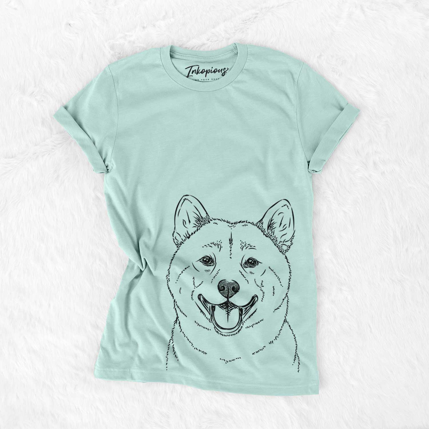 Hand-drawn sketch of Hiro the Shiba Inu on a Heather Sage Bella Canvas Unisex Crewneck