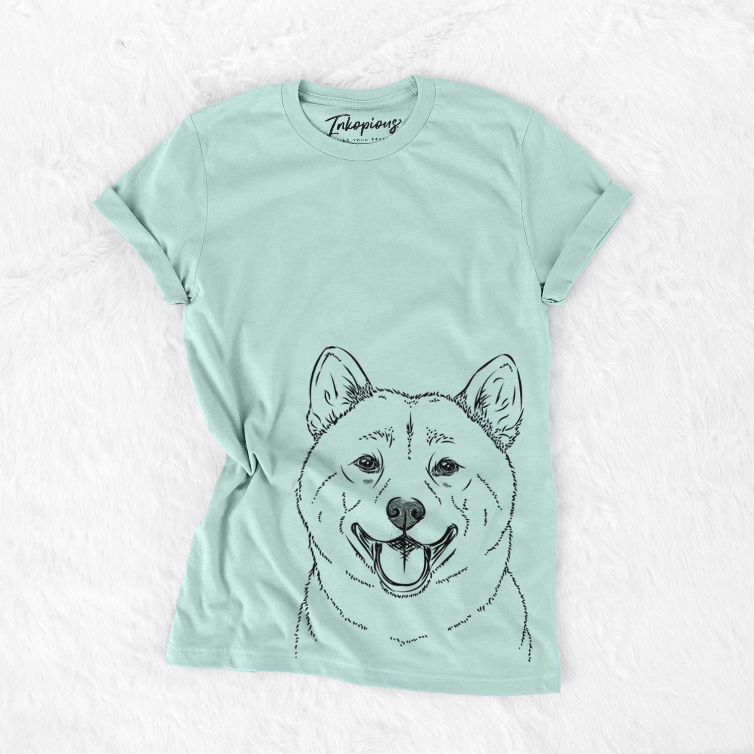 Hand-drawn sketch of Hiro the Shiba Inu on a Heather Sage Unisex crewneck