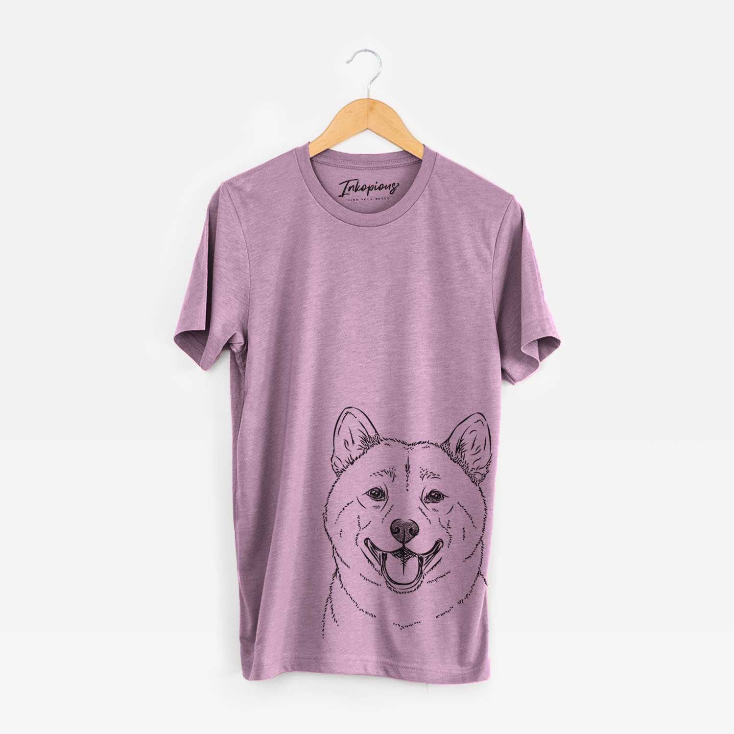 Hand-drawn sketch of Hiro the Shiba Inu on an Orchid Bella Canvas Unisex Crewneck