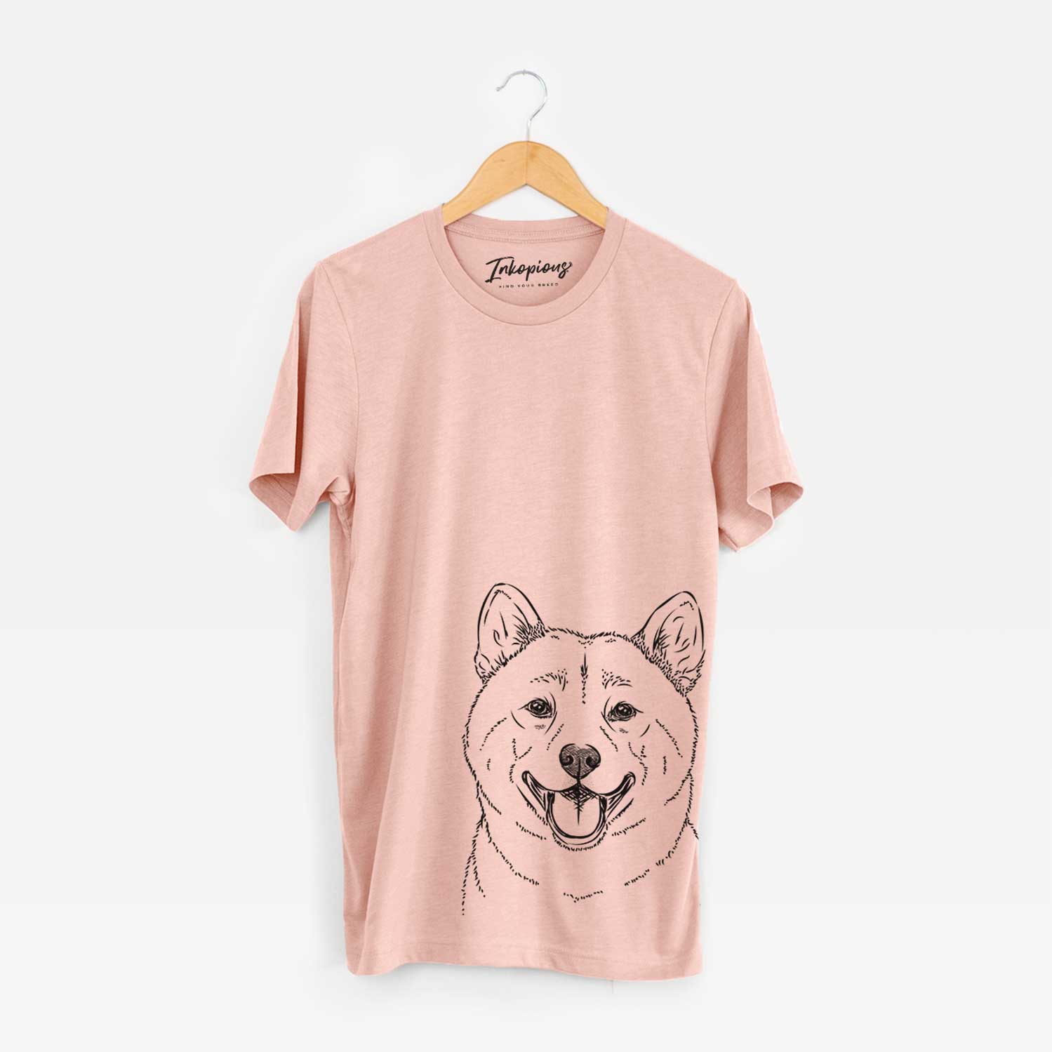 Hand-drawn sketch of Hiro the Shiba Inu on a Peach Bella Canvas Unisex Crewneck