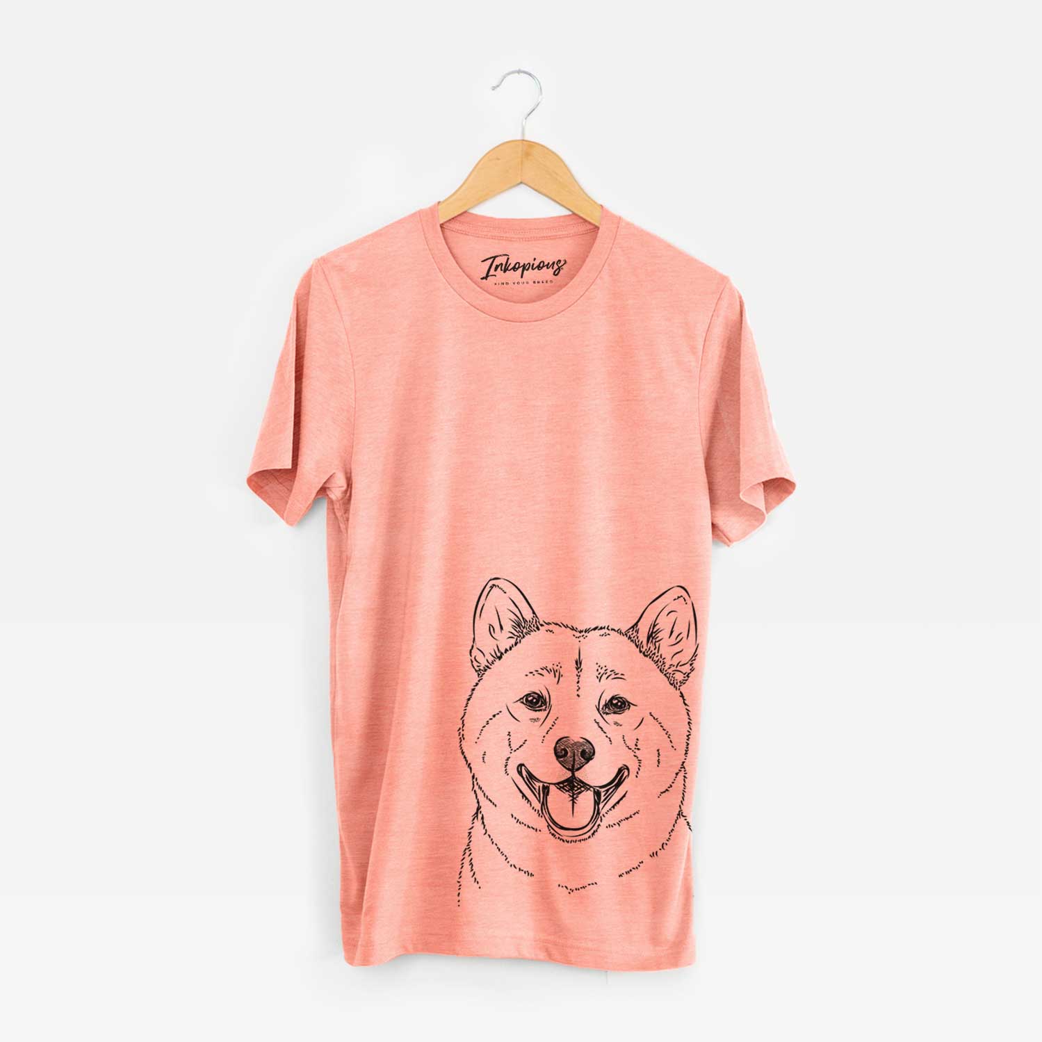Hand-drawn sketch of Hiro the Shiba Inu on a Sunset Bella Canvas Unisex Crewneck