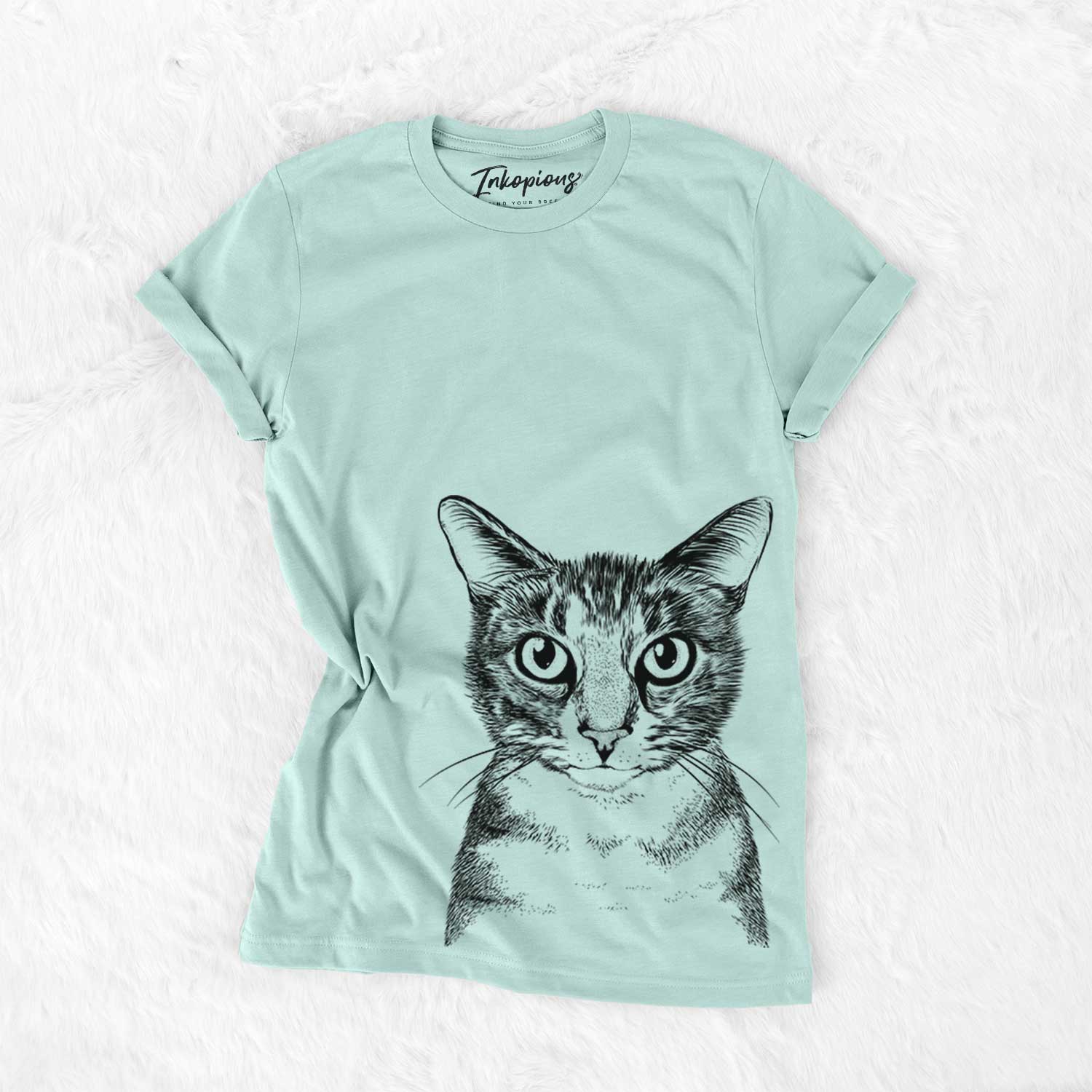 Hand-drawn sketch of Hobbes the Tabby Cat on a Heather Sage Bella Canvas Unisex Crewneck