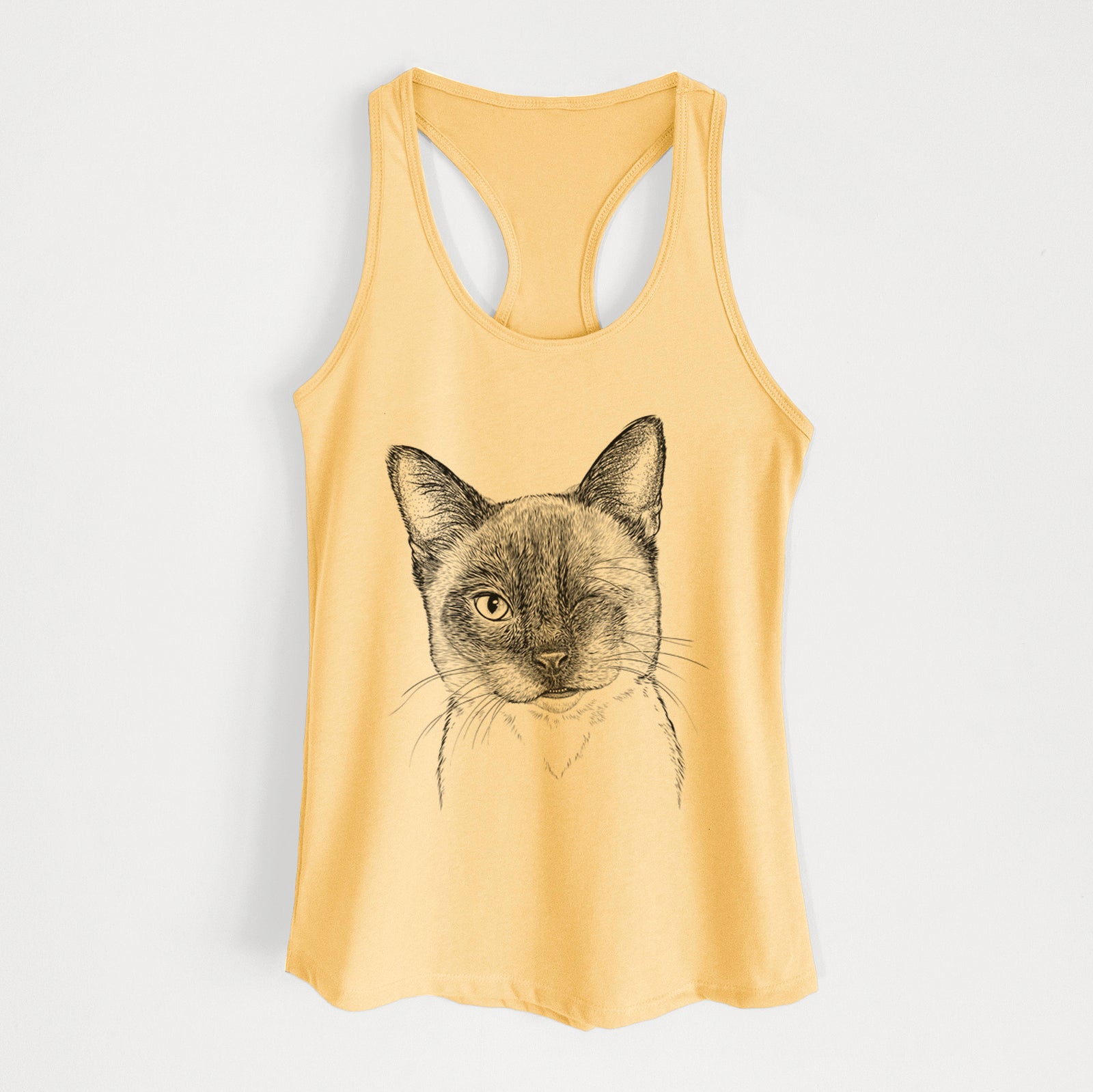 Hand-drawn sketch of Hoggle the Siamese Cat on a Banana Cream Women's racerback tanktop