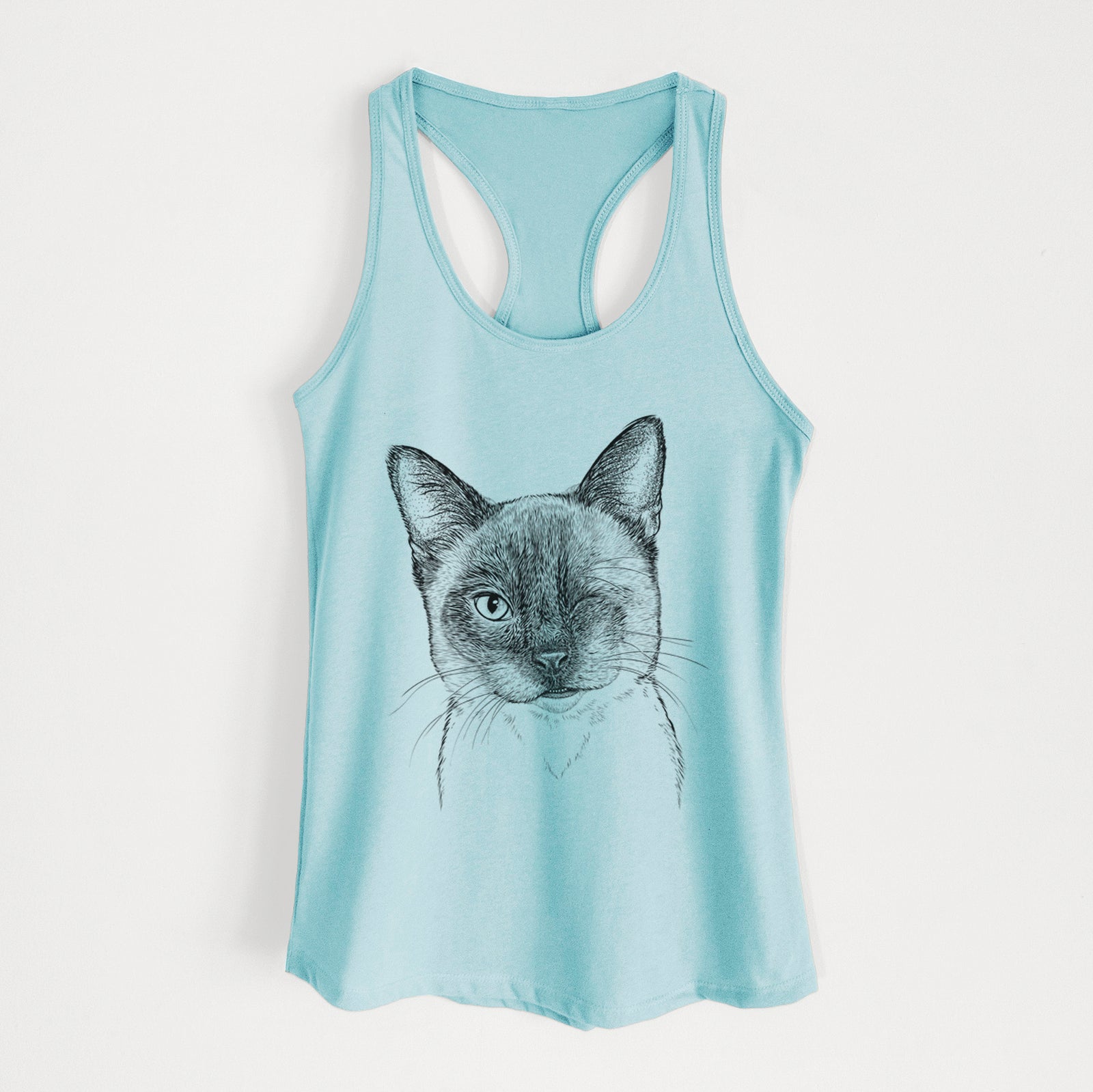 Hand-drawn sketch of Hoggle the Siamese Cat on a Cancun Blue Women's racerback tanktop