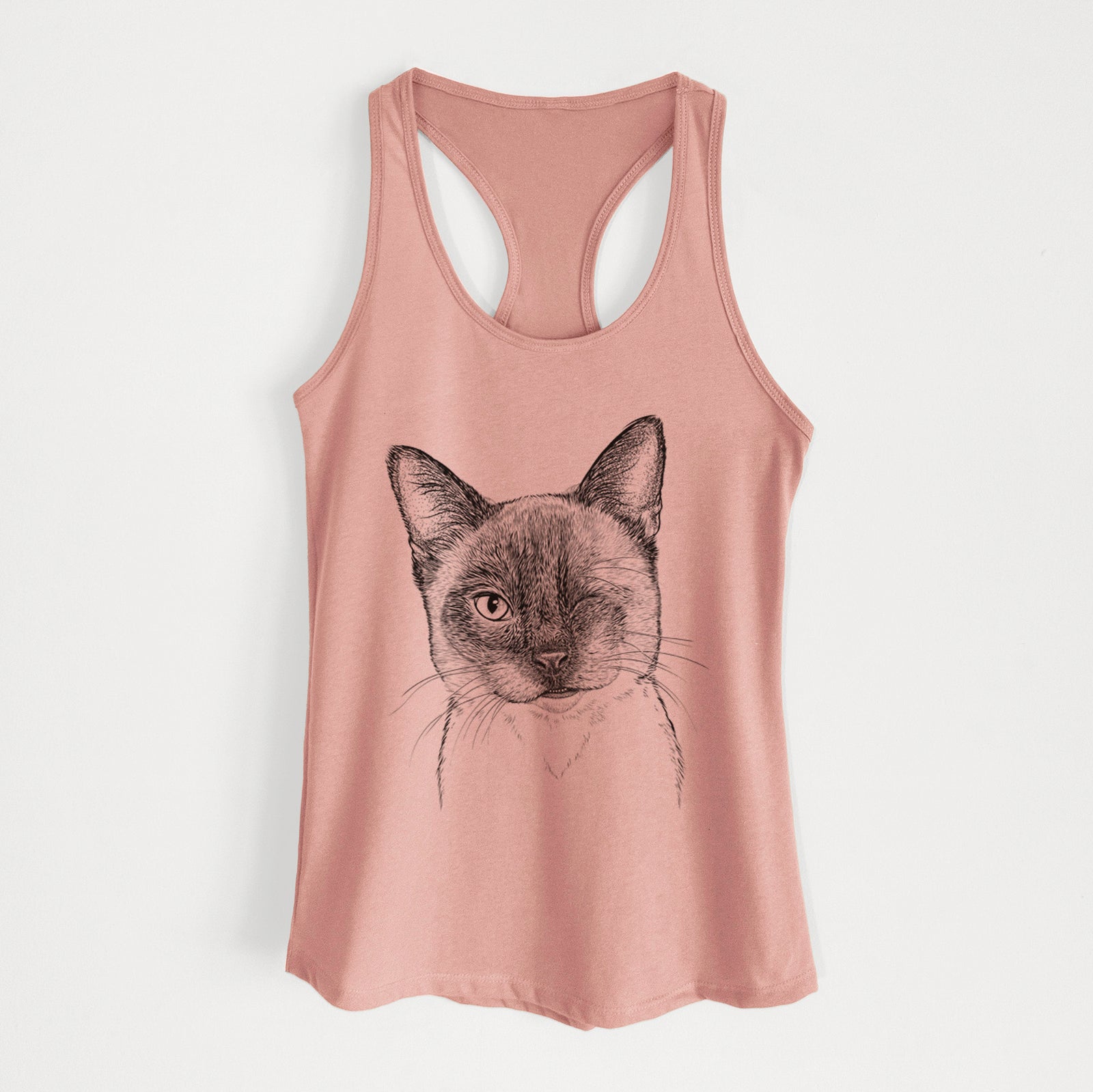 Hand-drawn sketch of Hoggle the Siamese Cat on a Desert Pink Women's racerback tanktop
