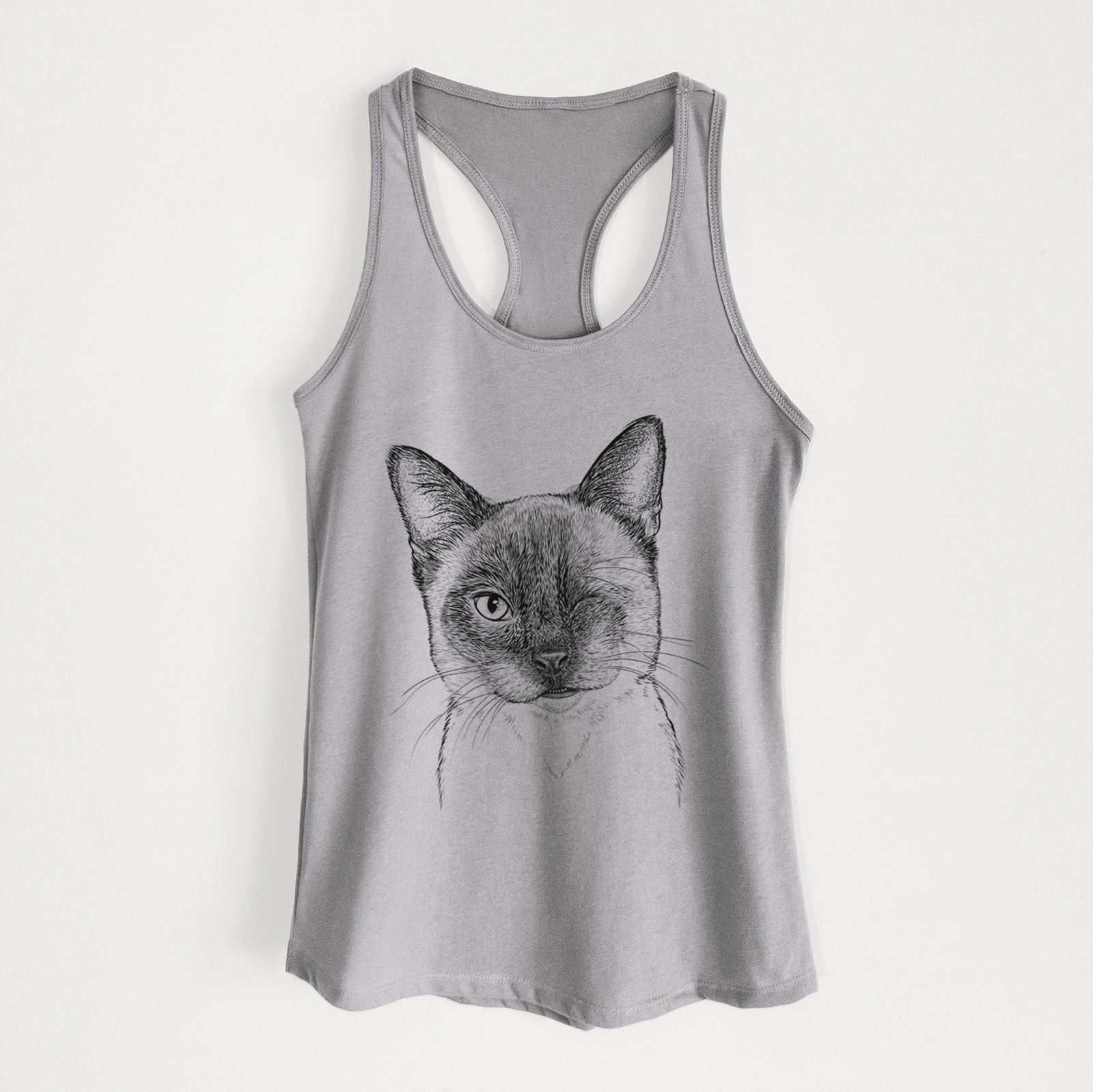 Hand-drawn sketch of Hoggle the Siamese Cat on a Heather Grey Women's racerback tanktop