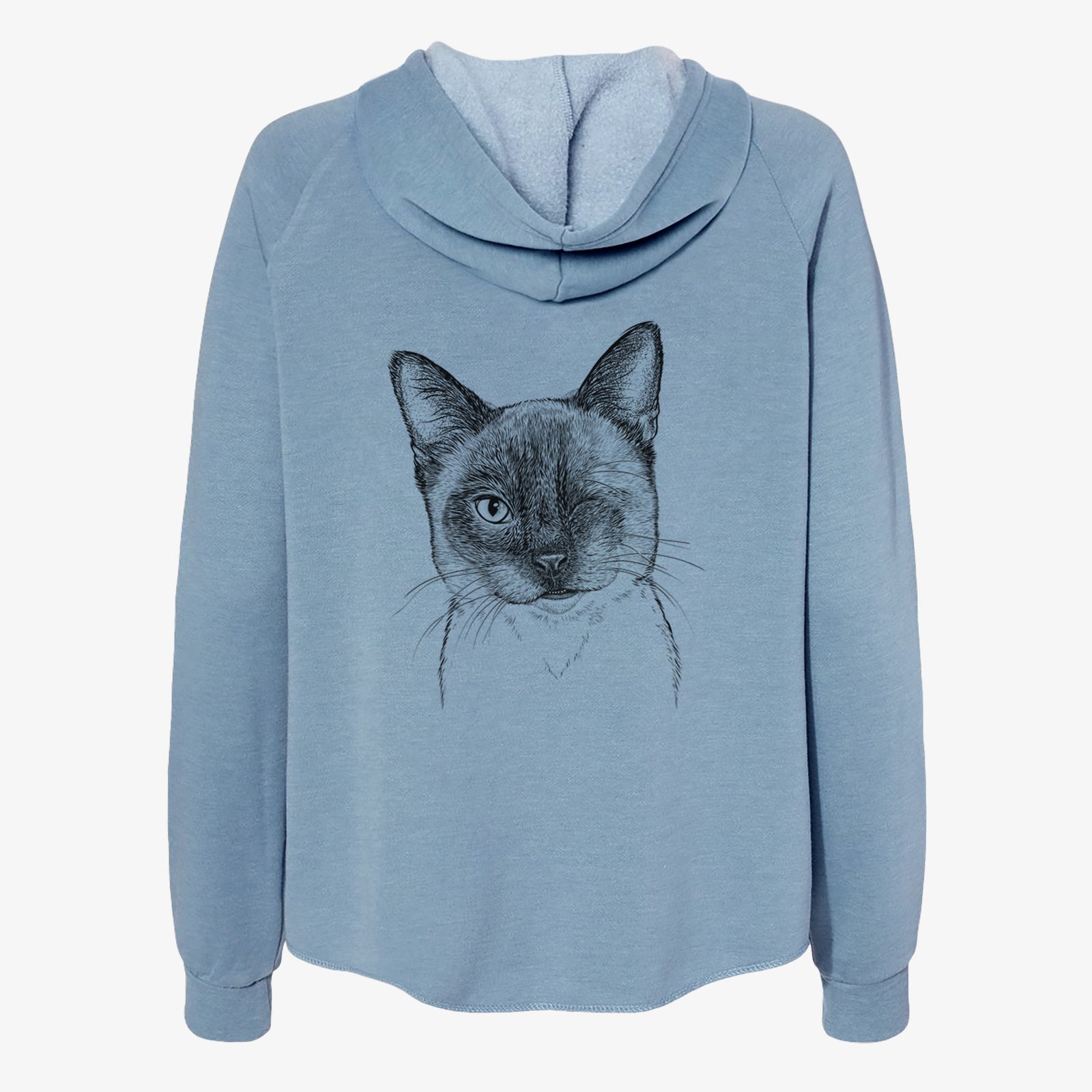 Hand-drawn sketch of Hoggle the Siamese Cat on a Misty Blue Women's cali wave zip-up sweatshirt