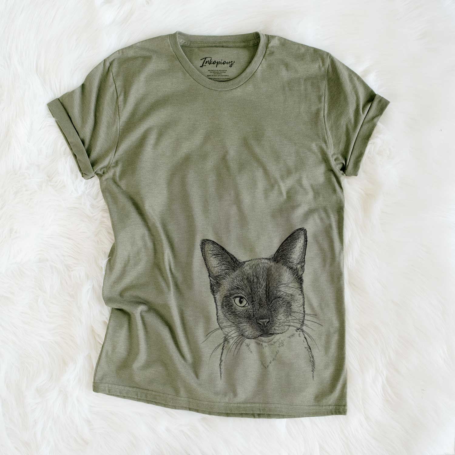 Hand-drawn sketch of Hoggle the Siamese Cat on an Olive Unisex crewneck