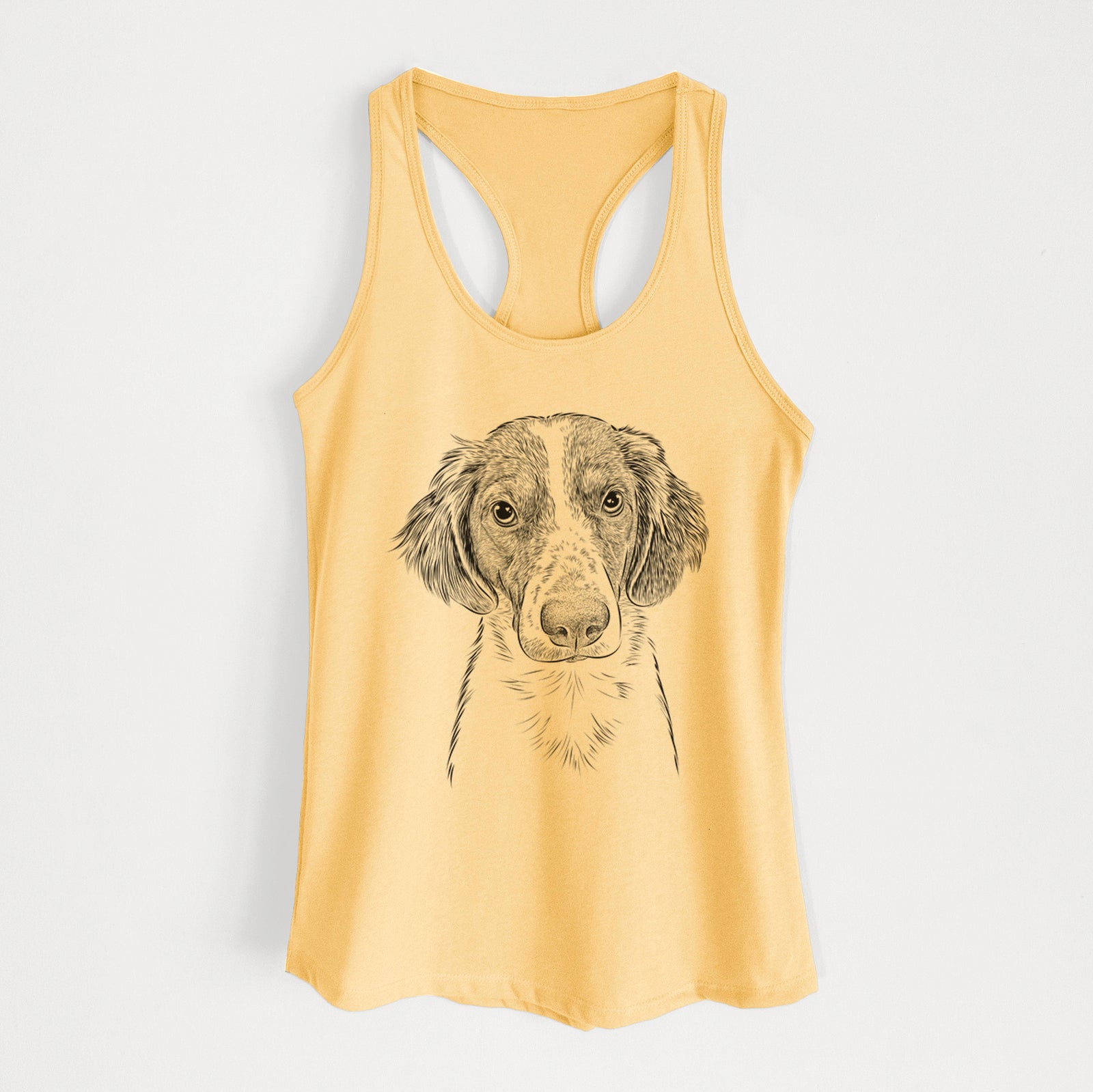 Hand-drawn sketch of Holly the Brittany Spaniel on a Banana Cream Women's racerback tanktop