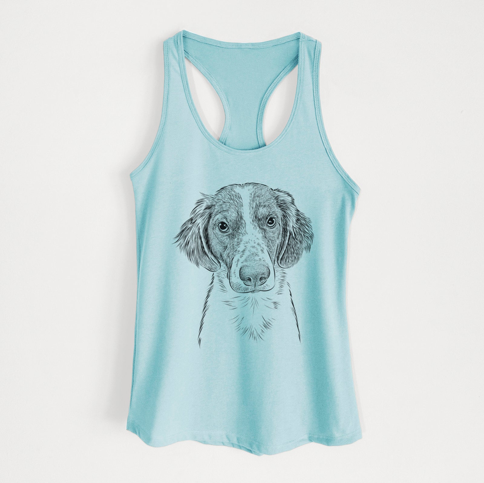 Hand-drawn sketch of Holly the Brittany Spaniel on a Cancun Blue Women's racerback tanktop