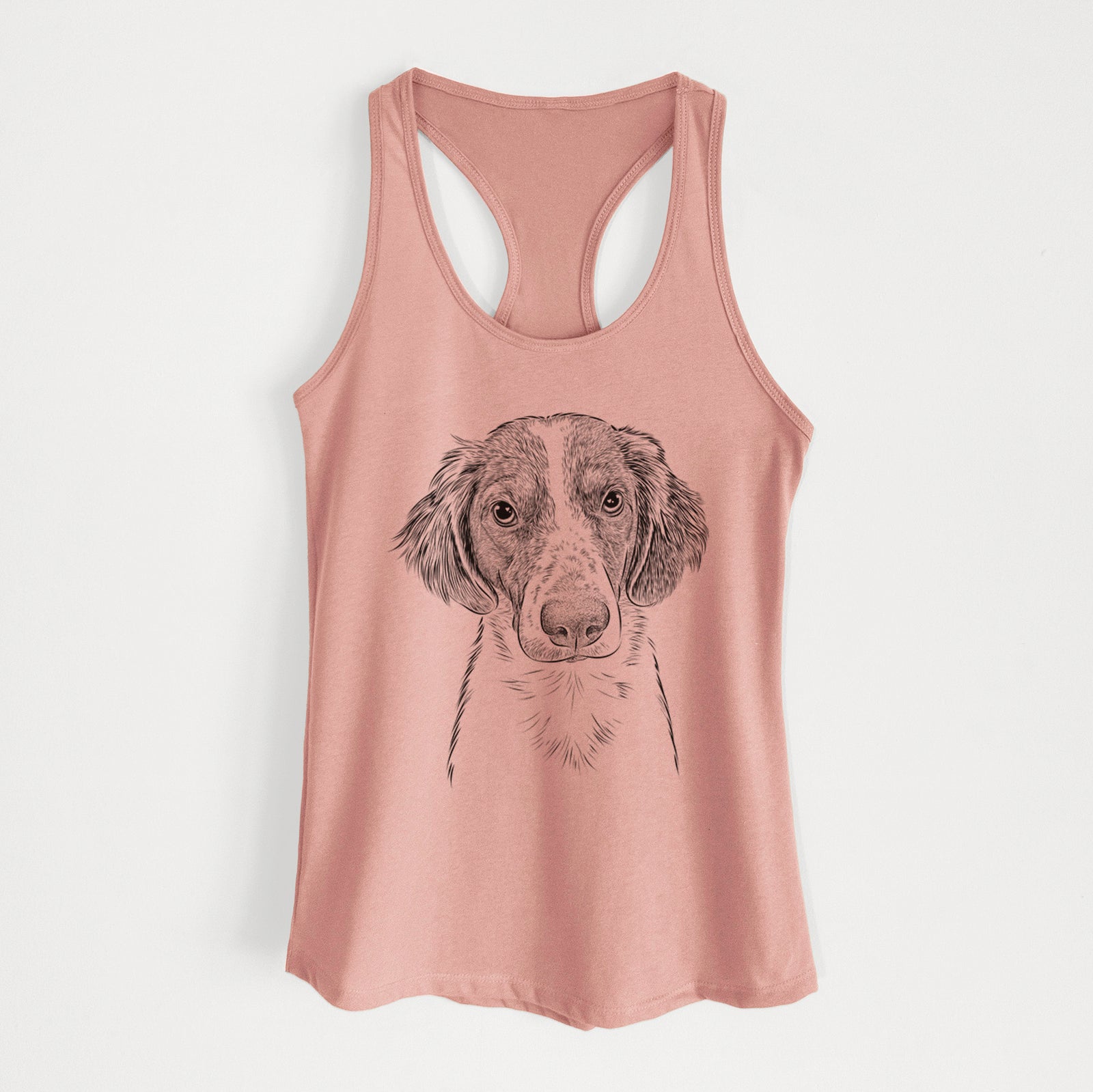 Hand-drawn sketch of Holly the Brittany Spaniel on a Desert Pink Women's racerback tanktop