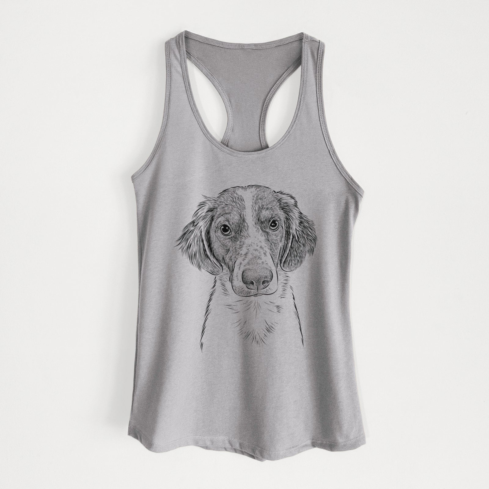 Hand-drawn sketch of Holly the Brittany Spaniel on a Heather Grey Women's racerback tanktop