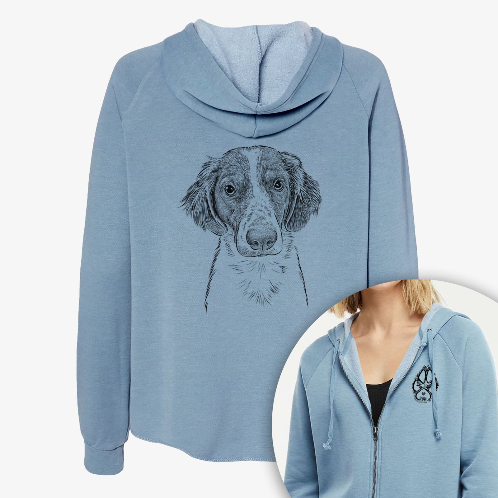 Hand-drawn sketch of Holly the Brittany Spaniel on a Women's cali wave zip-up sweatshirt, shown with icons of the other available costume styles