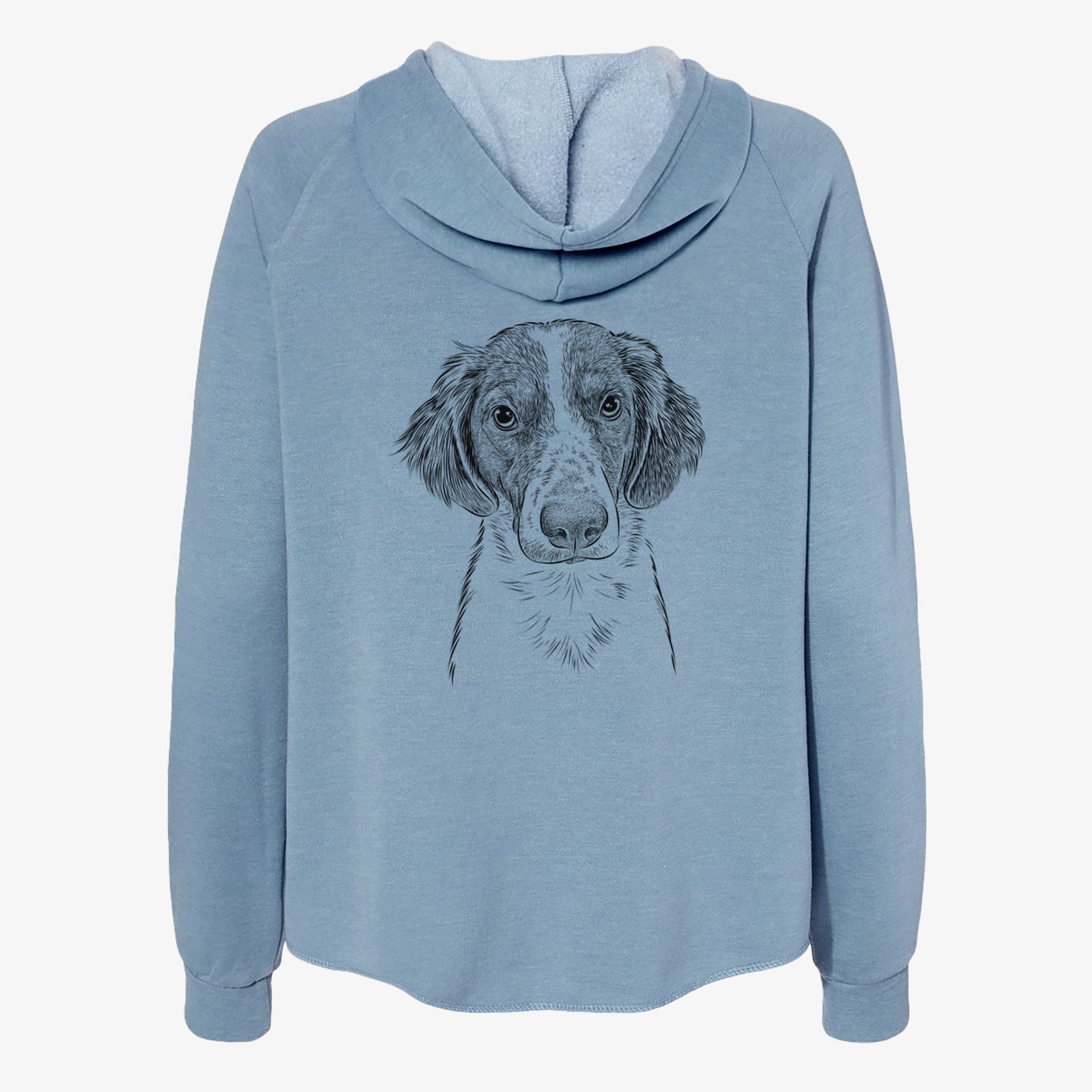 Hand-drawn sketch of Holly the Brittany Spaniel on a Misty Blue Women's cali wave zip-up sweatshirt