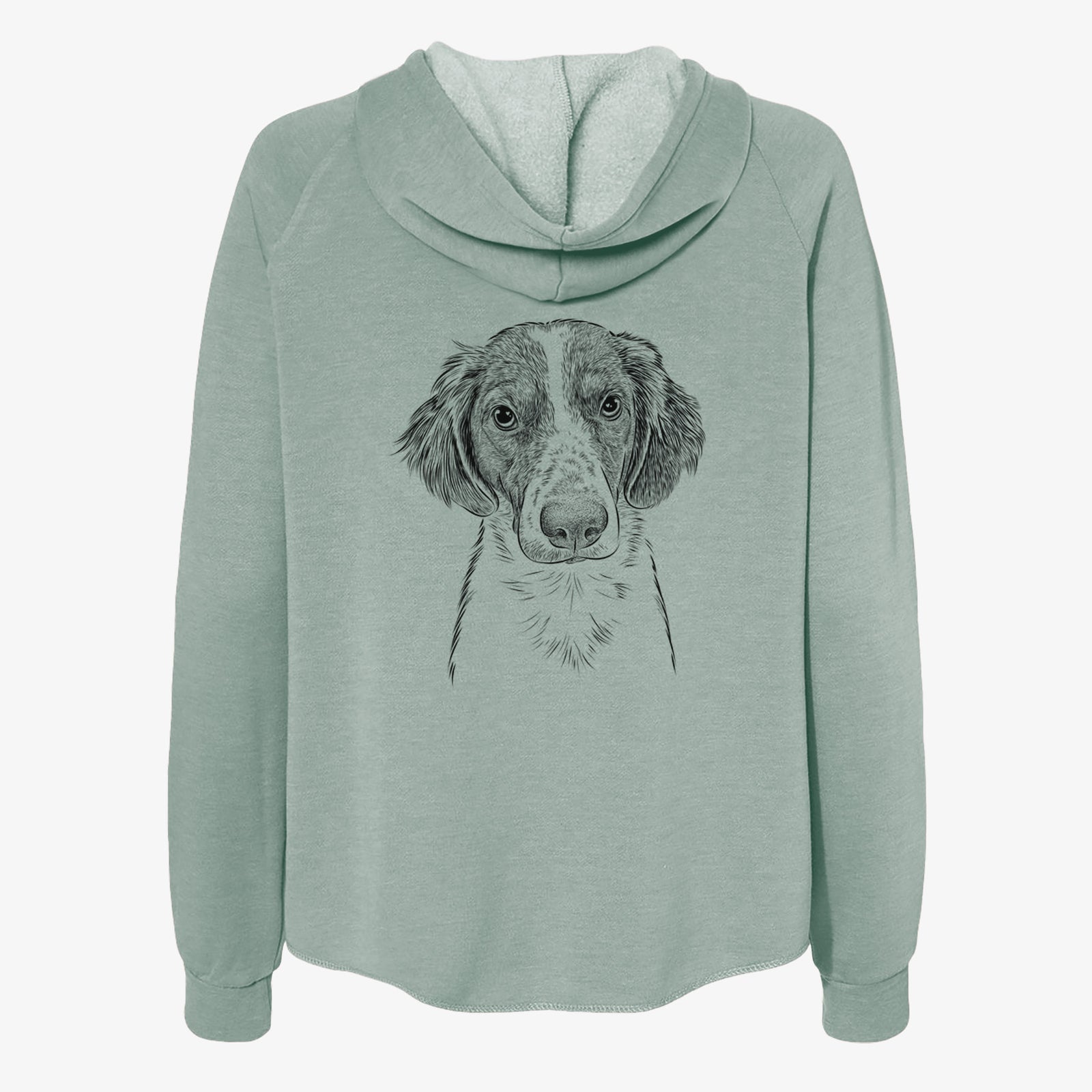 Hand-drawn sketch of Holly the Brittany Spaniel on a Sage Women's cali wave zip-up sweatshirt