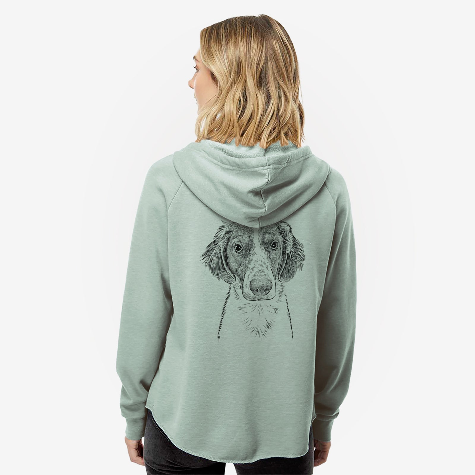 Hand-drawn sketch of Holly the Brittany Spaniel on a Sage Women's cali wave zip-up sweatshirt