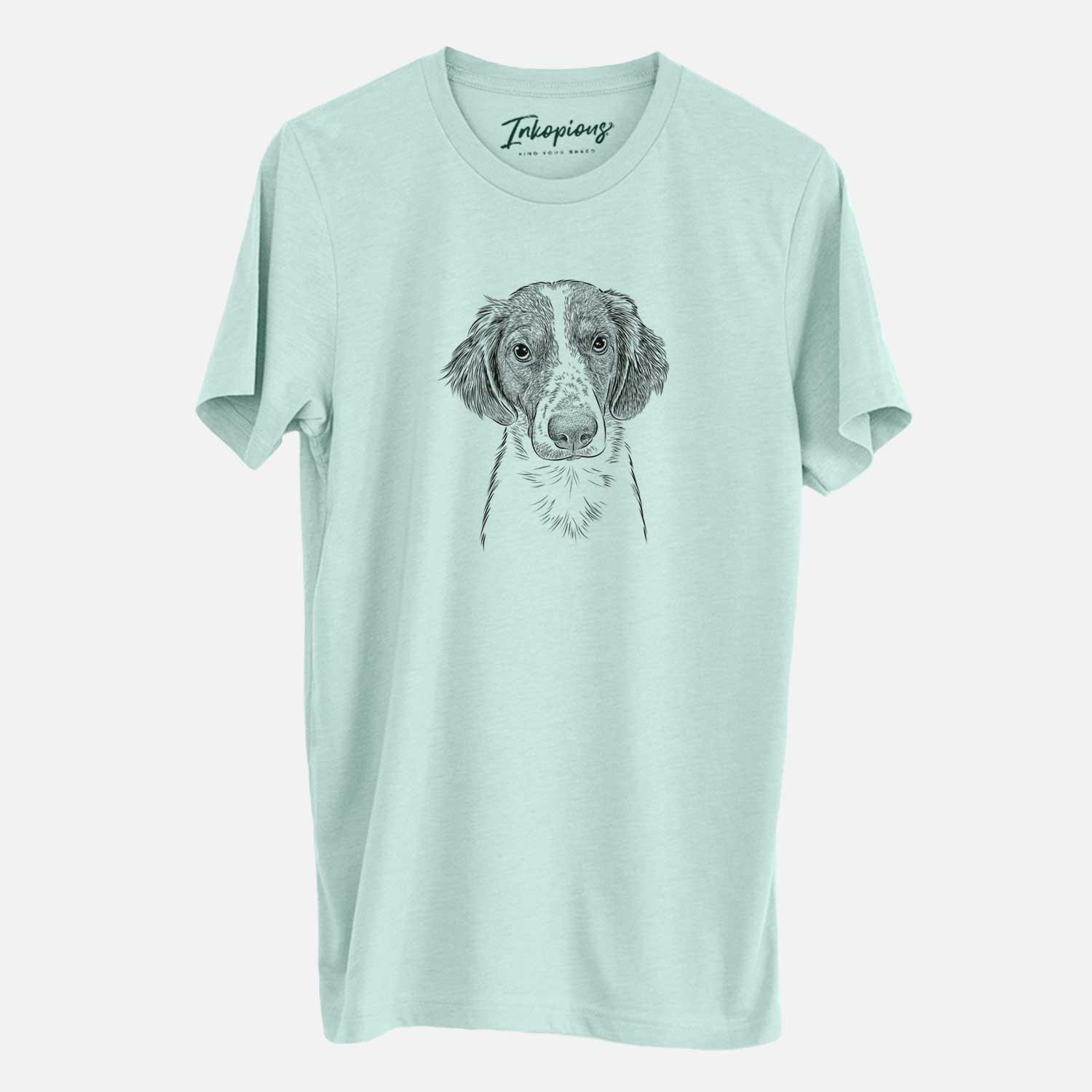 Hand-drawn sketch of Holly the Brittany Spaniel on a Heather Sage Unisex crewneck