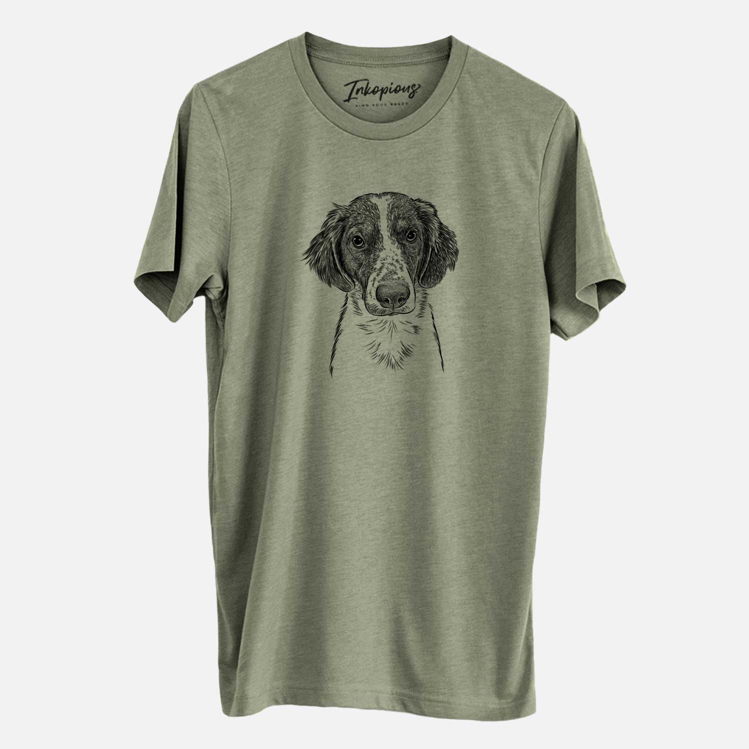 Hand-drawn sketch of Holly the Brittany Spaniel on an Olive Unisex crewneck
