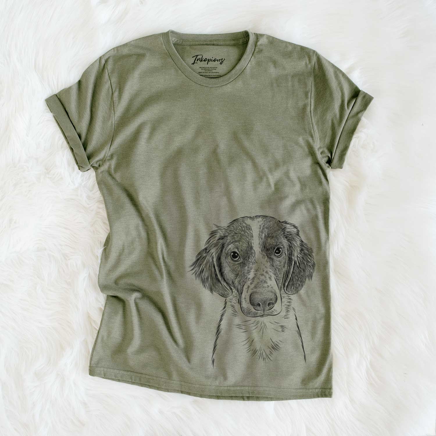 Hand-drawn sketch of Holly the Brittany Spaniel on an Olive Unisex crewneck