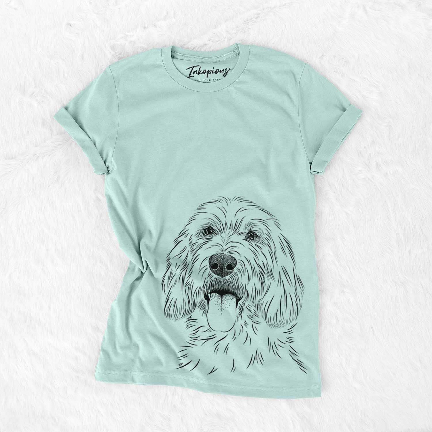 Hand-drawn sketch of Homer the Grand Basset Griffon Vendeen on a Heather Sage Bella Canvas Unisex Crewneck