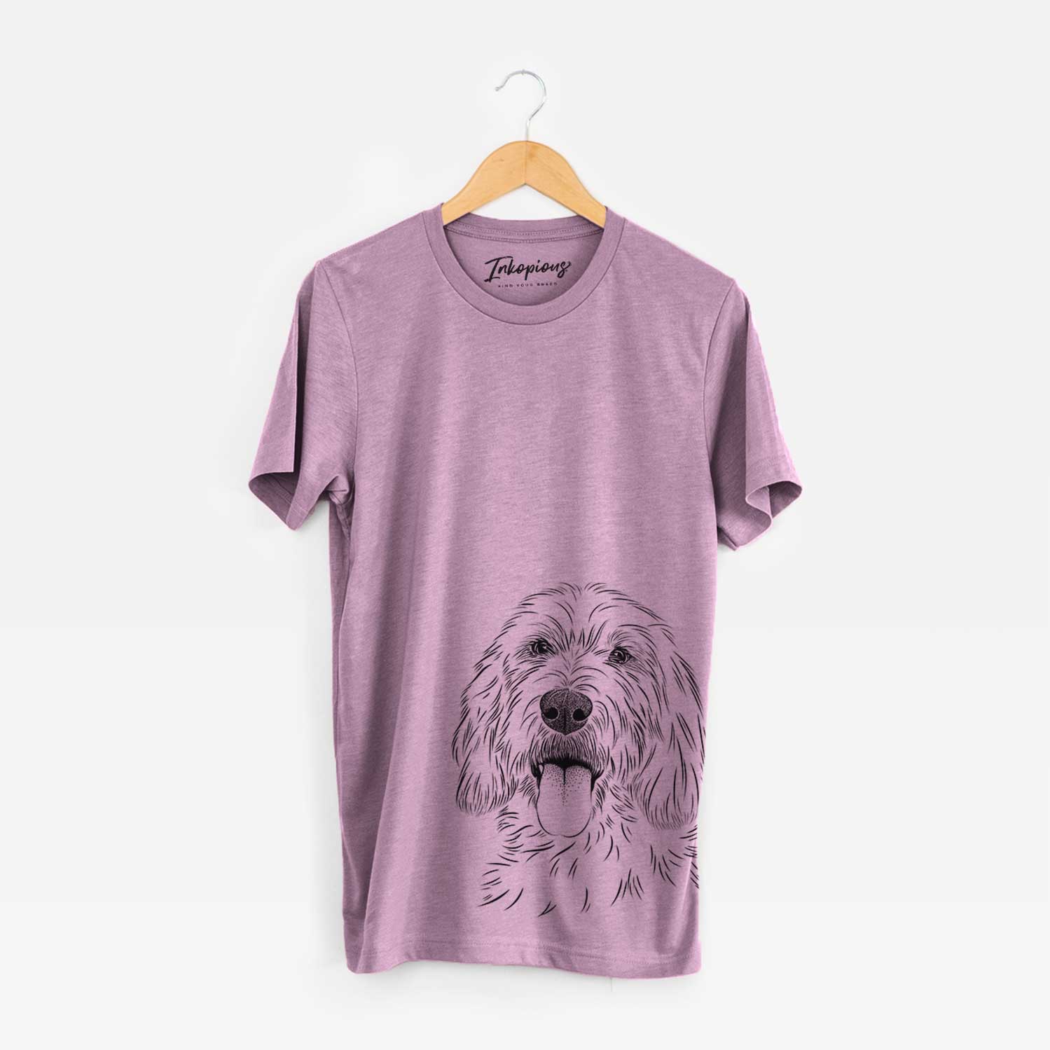 Hand-drawn sketch of Homer the Grand Basset Griffon Vendeen on an Orchid Bella Canvas Unisex Crewneck