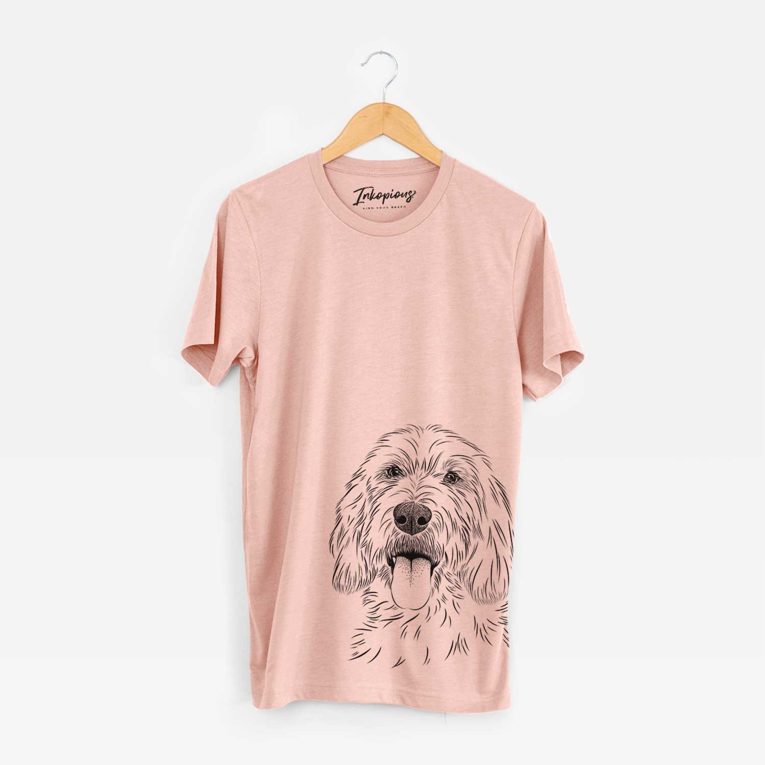 Hand-drawn sketch of Homer the Grand Basset Griffon Vendeen on a Peach Bella Canvas Unisex Crewneck