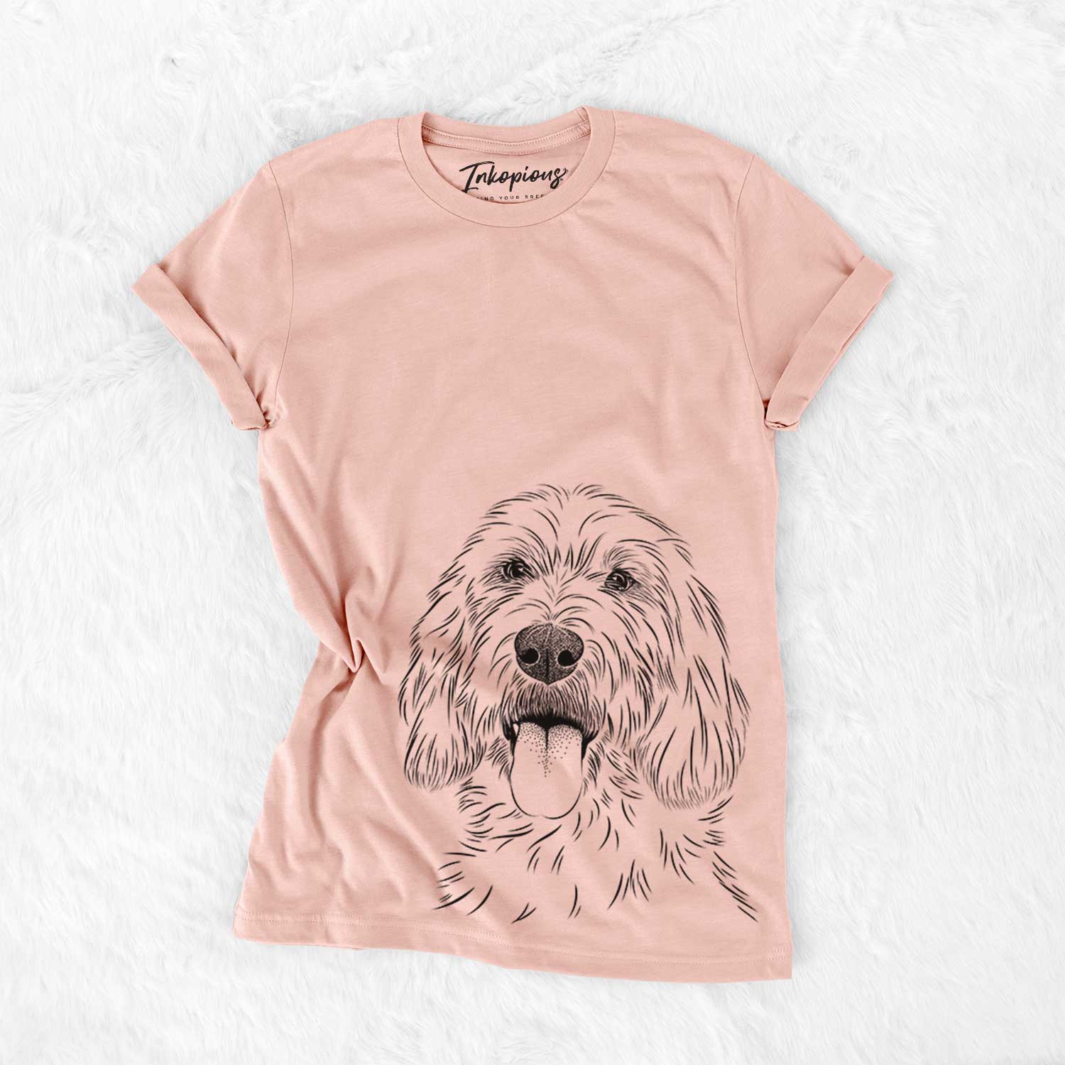 Hand-drawn sketch of Homer the Grand Basset Griffon Vendeen on a Peach Bella Canvas Unisex Crewneck