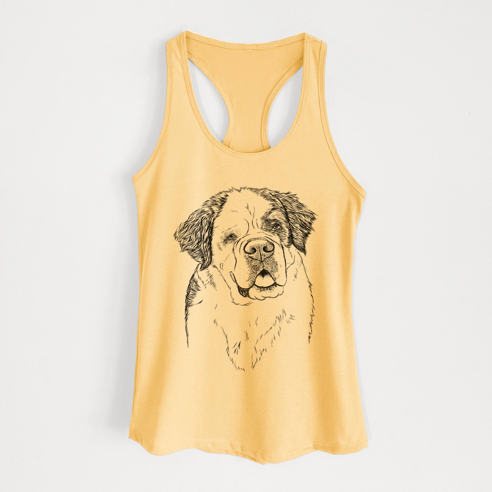 Hand-drawn sketch of Hook the Saint Bernard on a Banana Cream Women's racerback tanktop