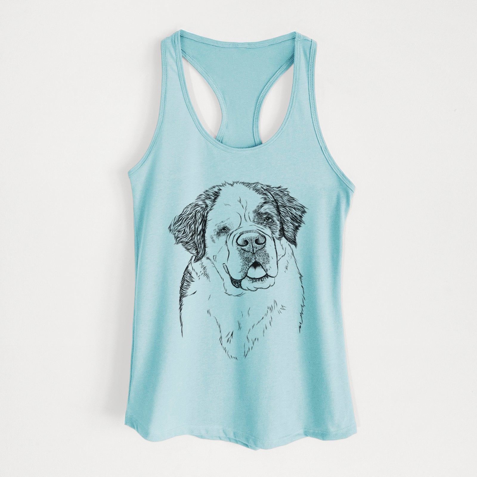 Hand-drawn sketch of Hook the Saint Bernard on a Cancun Blue Women's racerback tanktop
