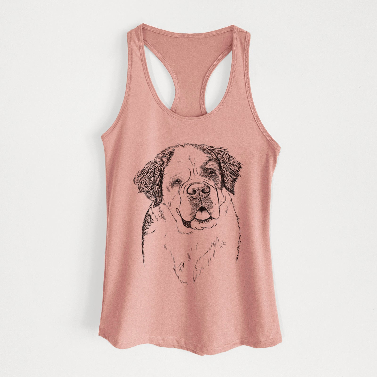 Hand-drawn sketch of Hook the Saint Bernard on a Desert Pink Women's racerback tanktop