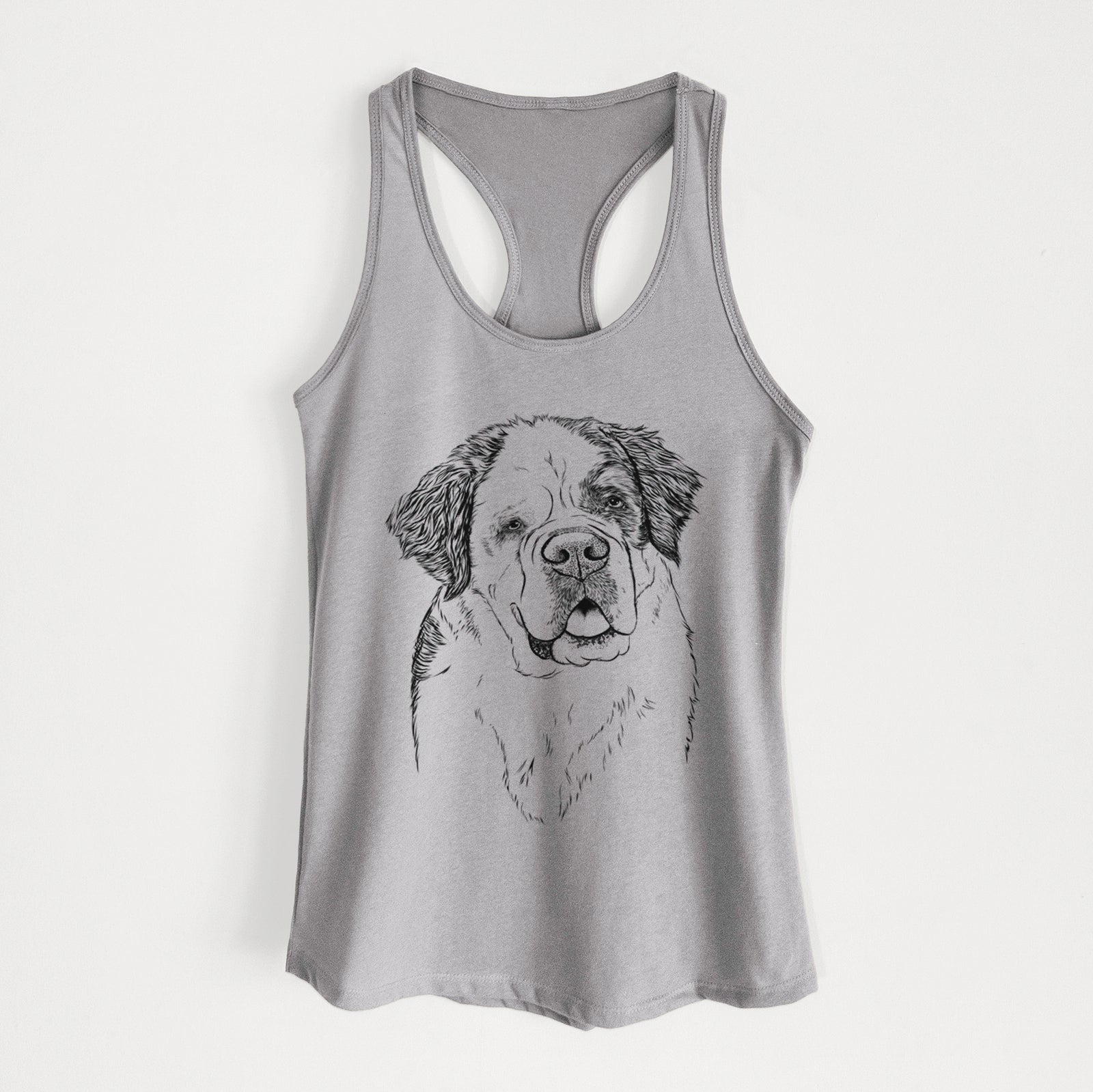 Hand-drawn sketch of Hook the Saint Bernard on a Heather Grey Women's racerback tanktop