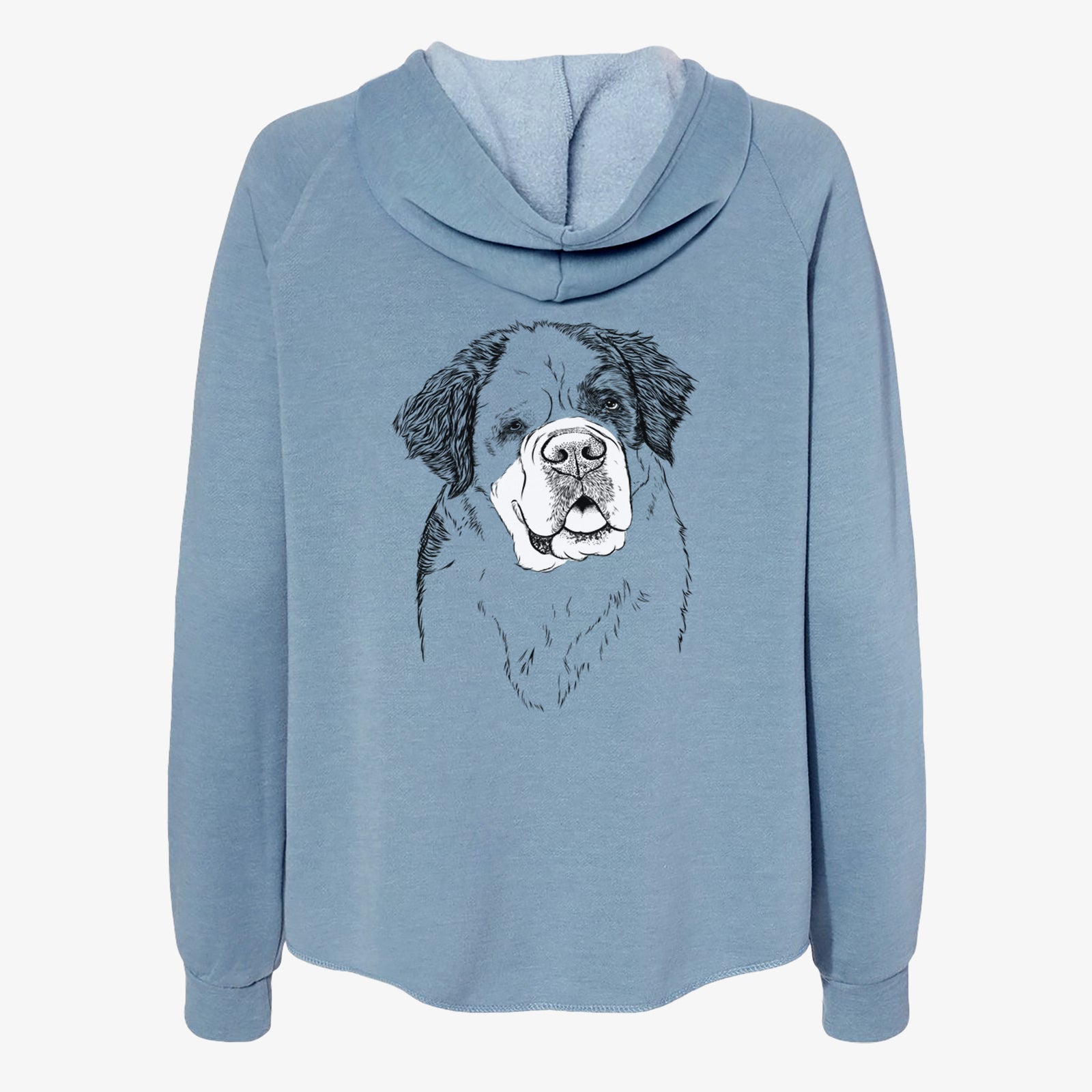 Hand-drawn sketch of Hook the Saint Bernard on a Misty Blue Women's cali wave zip-up sweatshirt