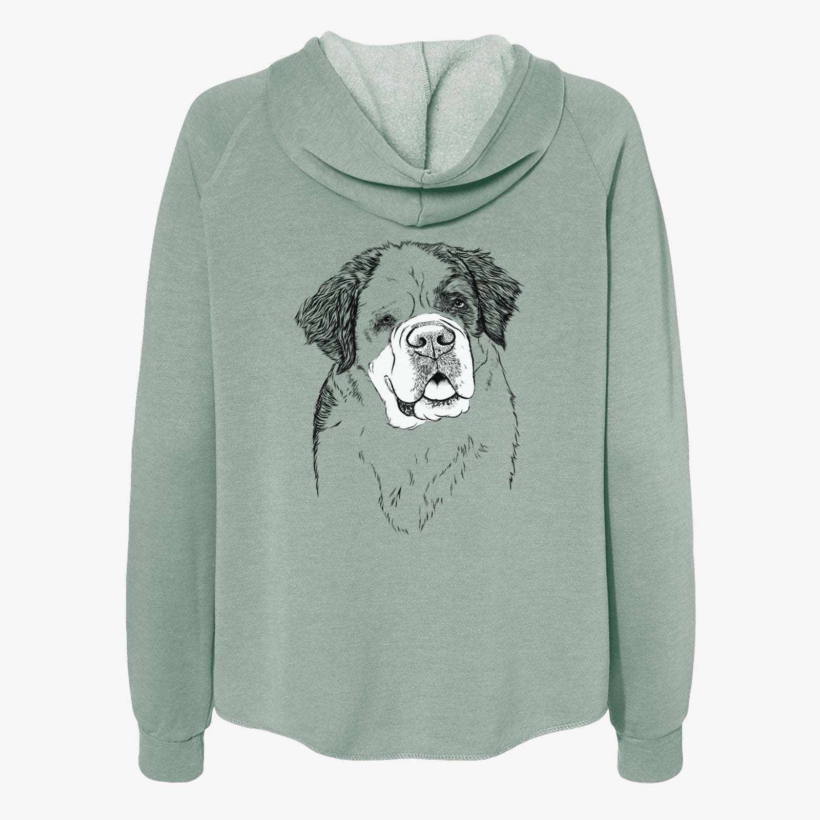 Hand-drawn sketch of Hook the Saint Bernard on a Sage Women's cali wave zip-up sweatshirt