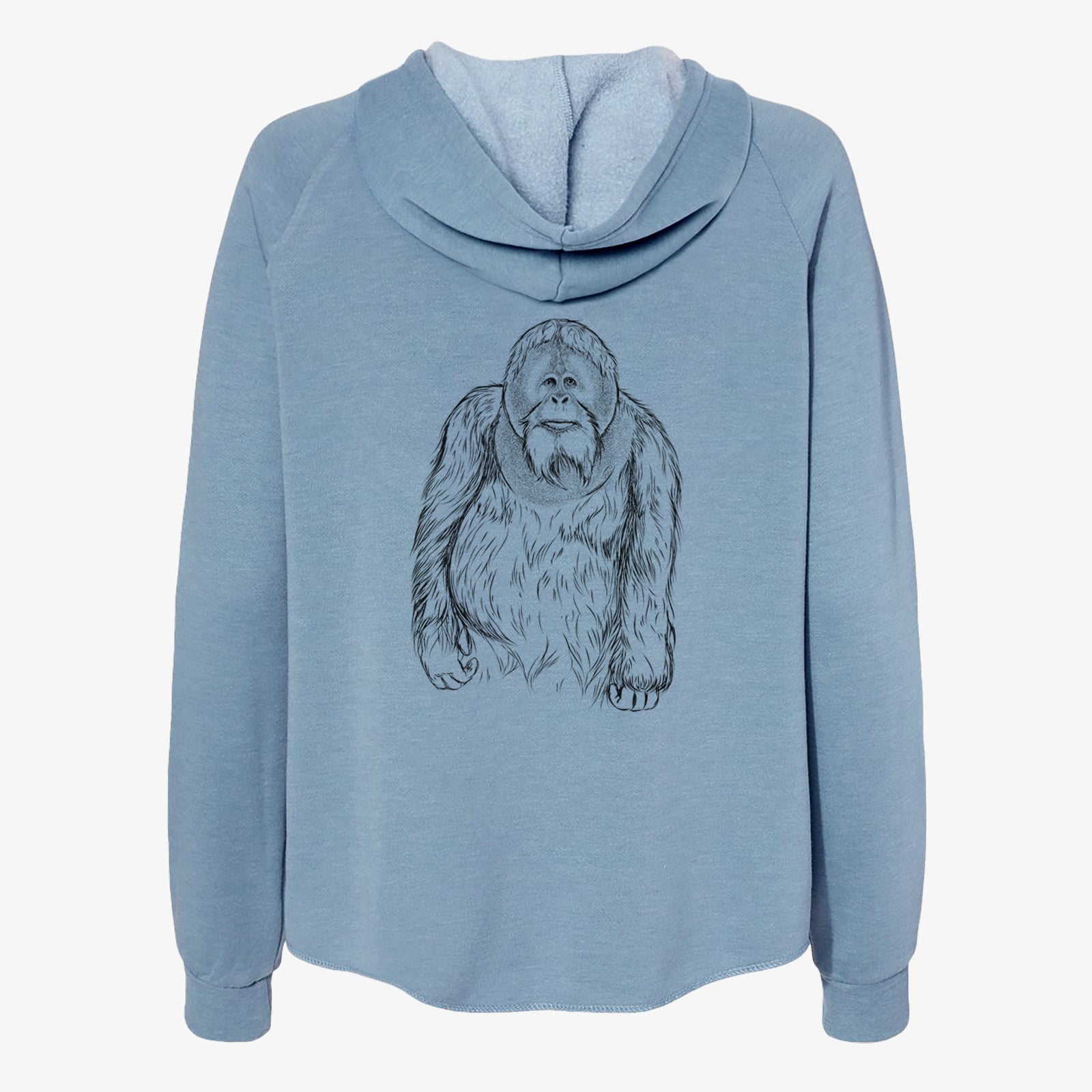 Hand-drawn sketch of Horace the Male Orangutan on a Misty Blue Women's cali wave zip-up sweatshirt