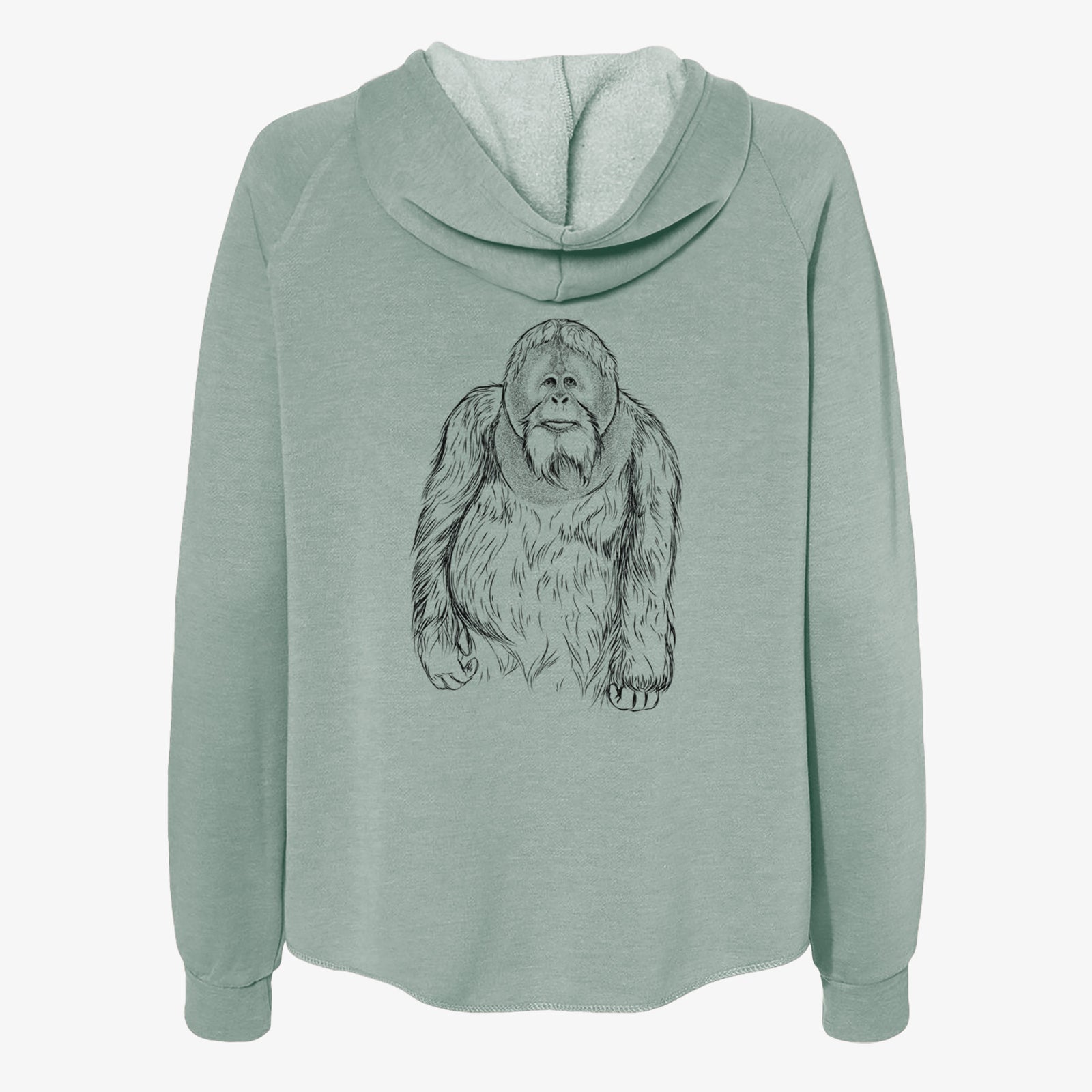 Hand-drawn sketch of Horace the Male Orangutan on a Sage Women's cali wave zip-up sweatshirt