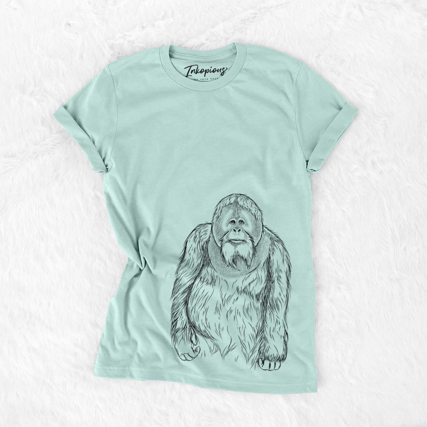 Hand-drawn sketch of Horace the Male Orangutan on a Heather Sage Bella Canvas Unisex Crewneck